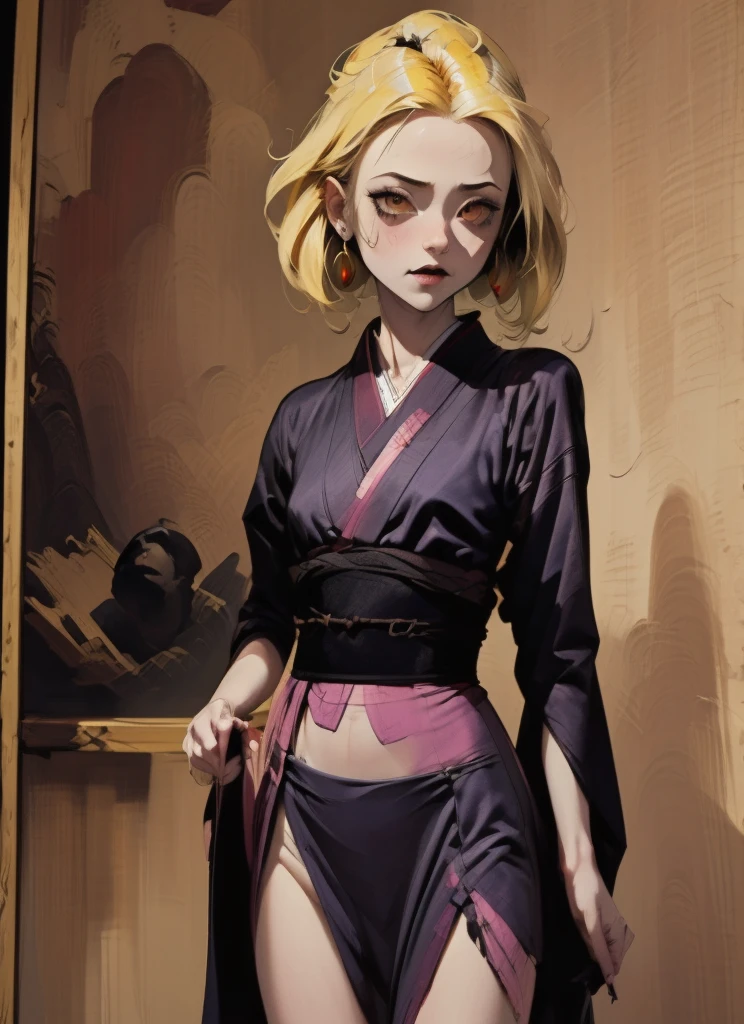 (masterpiece), (High resolution), (Very delicate), (masterpiece: 1.2, highest quality), ((pierce;Put your hands forward)), scribble, nightmare, Doll-like face, Manga style, rough sketch, Manga styleイラスト, (Horror elements), Japanese painting, whole body,(snap shot), (Spooky), Japan sculpture,old picture scroll style, old staging, Ancient mural style, crazy illustration, Dark atmosphere, Flat Illustration, Spookyな外観, A very distinctive hairstyle, disheveled blonde hair、creative accessories, Unique atmosphere、Punk Kimono、Girl punching