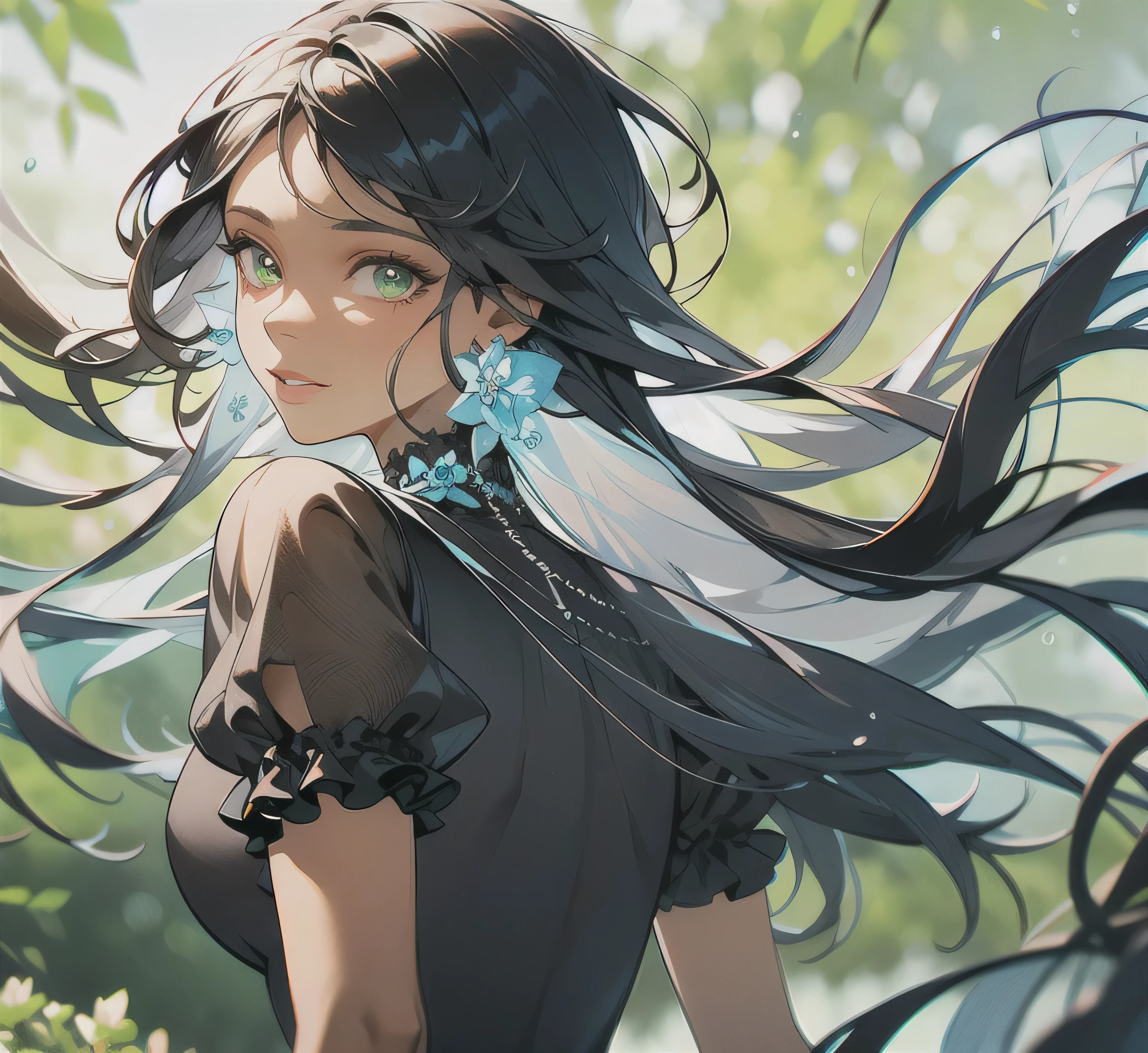 (best quality, highres), a beautiful, DARK-skinned, Black skin. girl with silky black hair and striking green eyes, [black girl], [long black hair], [green eyes], [detailed facial features], [expressive eyes], [garden setting], [colorful flowers], [natural lighting], [vibrant colors], [dreamy atmosphere], [feminine pose].