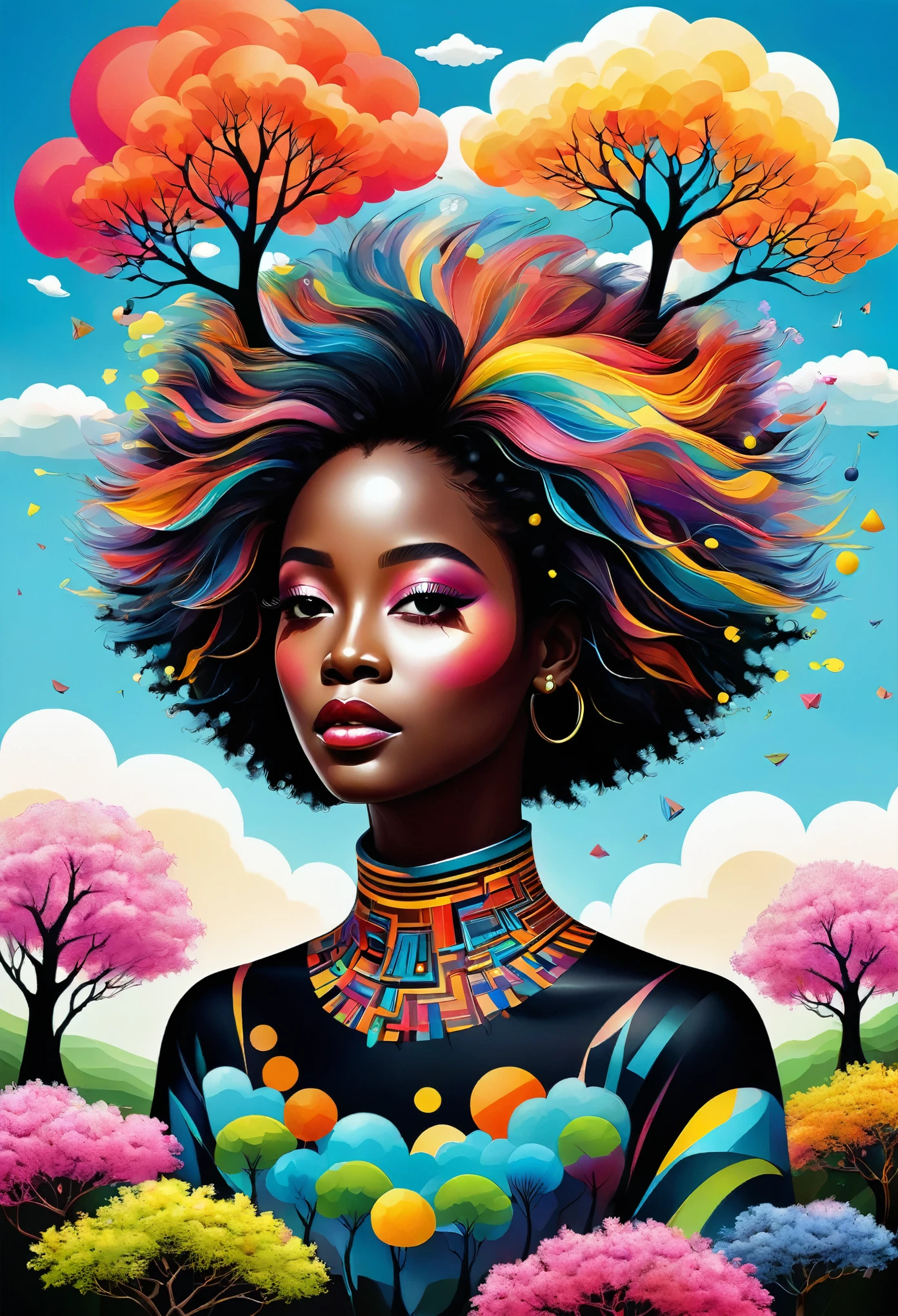 (masterpiece, best quality:1.2),art illustration,black girl portrait,often neck,hair by clouds,Baiyun,The composition,stitching,dislocation,trees, multi coloured, , Contrasting colors, in the spring landscape, Abstract surreal colors,rich and colorful, popular geometric surrealism, multi color dream, icon design, Rozmin trip, vector art,Exaggerated expression,