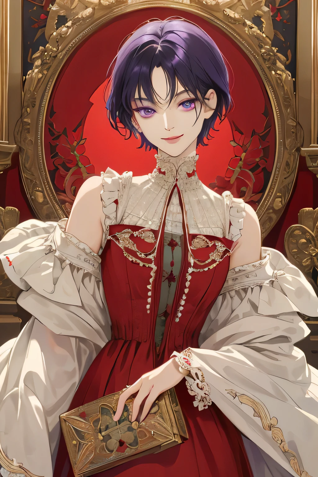 (extreamly delicate and beautiful:1.2), 8K,(masterpiece:1.0),(best_quality:1.0), 1 girl, and intricate detailing, Enlarged textures, and intricate detailing, finely eye and detailed face, and intricate detailing, shiraga, Blue short hair, (closed mouths), Perfect eyes, Equal eyes, eyes smile, purple eyes (A famale god) with (masterpiece), best quality, with red long dress victorian style vintage retro