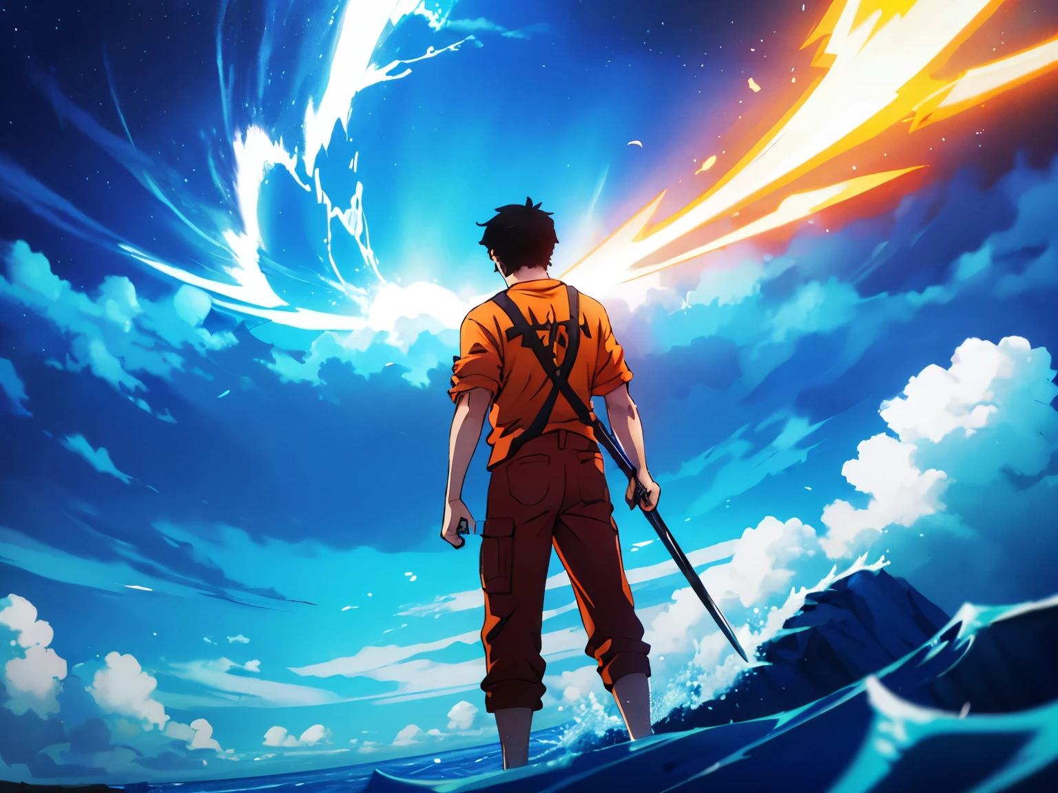 Boy with black hair raising his one broadsword in the air with orange shirt. Back view standing on the ocean storm blue lightning