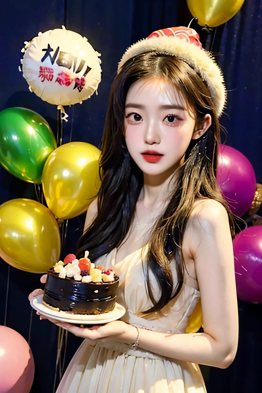 masterpiece、best quality、movie、(cute japanese girl、forehead:1.3)、23 years old、1 girl、elegant、black hair、(dinner:1.1)、Birthday Cake, party hat, number balloons, Colorful backgrounds, Color Explosion, glow in the dark,