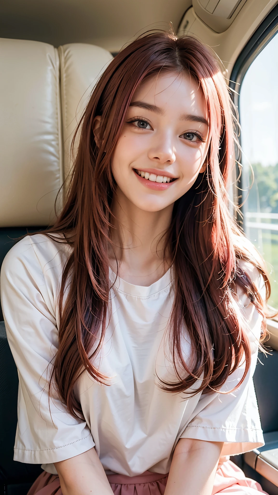 young looking girl of 22 years, Long hair, redhead, happy smile, grey eyes, pink shirt
