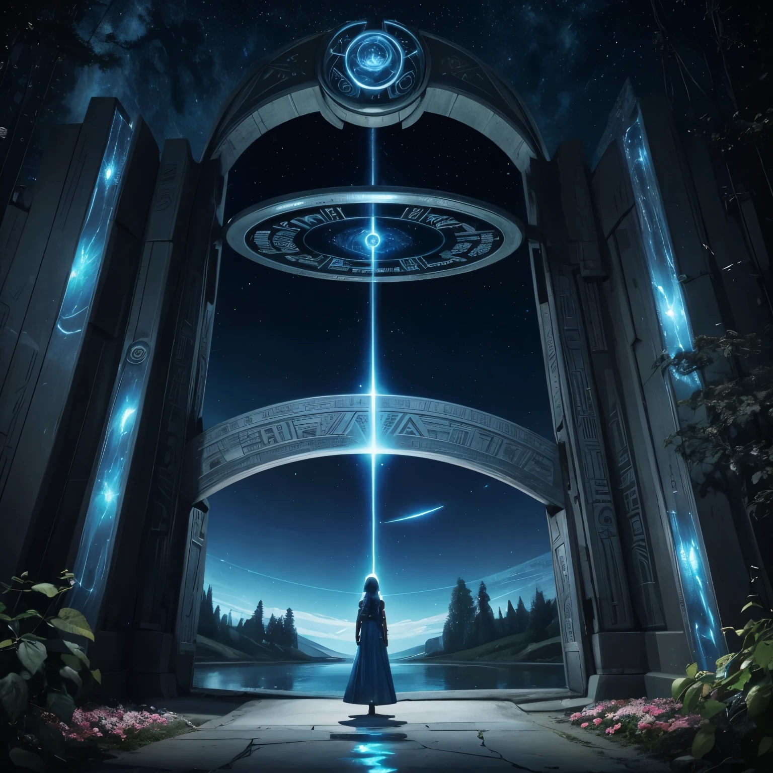 An artistic painting inspired by the Stargate series, of a star gate. A woman is trying to cross a place that does not resemble Earth. The woman is raised in the sky. Zero gravity. The gate is decorated with luminous hieroglyphs and a strange language in blue. The gate is huge in the middle of a planet full of trees. Beautiful and looks like paradise. Empty. A river, waterfalls, and beautiful forests. Roses and flowers.
