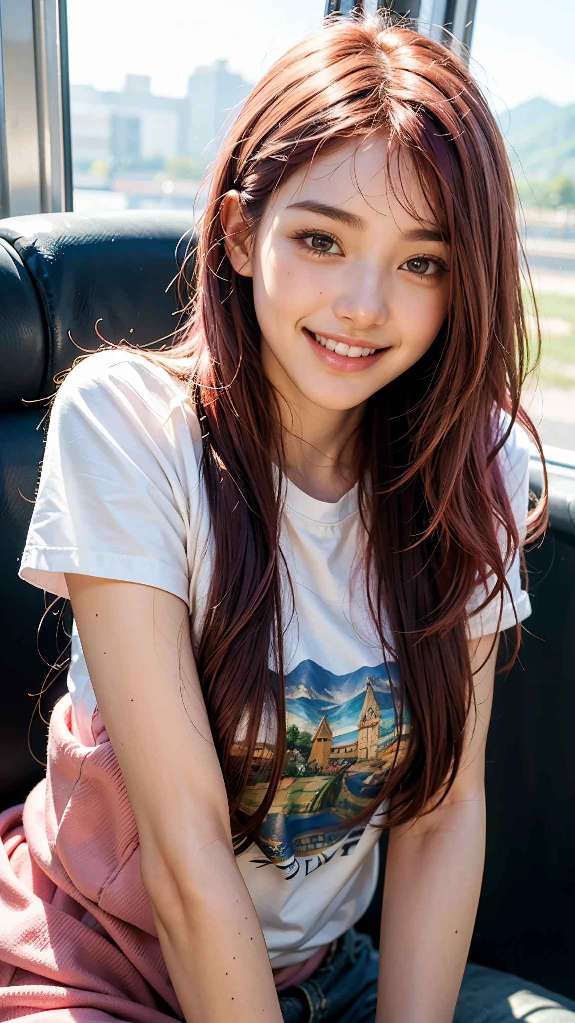 highest quality, masterpiece, Ultra-high resolution, (Realistic:1.4), (Close-up portrait) RAW Photos, 1 girl,20-year-old,((I'm showing my teeth and smiling)),((Big smile)),((Inside the Shinkansen)),((look up)),((Random cute poses)),,((Passionate pink haired girl )),((Pure white T-shirt)),Messy Hair,((Cap Chestnut)),((Short bangs)),Realistic,Image Media Chest)),