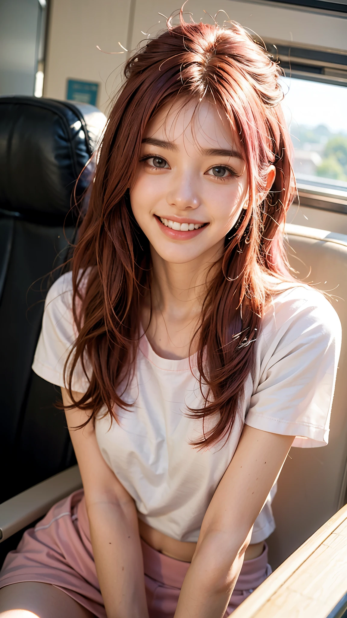 highest quality, masterpiece, Ultra-high resolution, (Realistic:1.4), (Close-up portrait) RAW Photos, 1 girl,20-year-old,((I'm showing my teeth and smiling)),((Big smile)),((Inside the Shinkansen)),((look up)),((Random cute poses)),,((Passionate pink haired girl )),((Pure white T-shirt)),Messy Hair,((Cap Chestnut)),((Short bangs)),Realistic,Image Media Chest)),