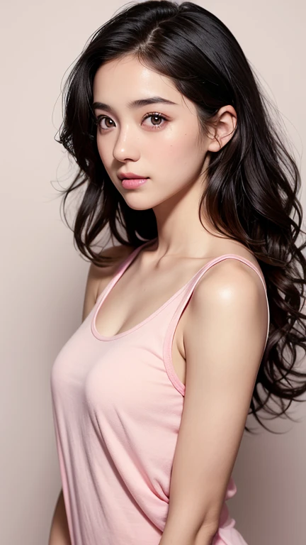  Professional photograph of a 28 years old pretty girl with grey eyes,  black middle-length curly hair, slightly open mouth and pink skin with a  rosy complexion. Dressed in a white tank top. Facing slightly  to the right, turning the head towards the camera ,tiffen soft contrast filter effect, Muted background.