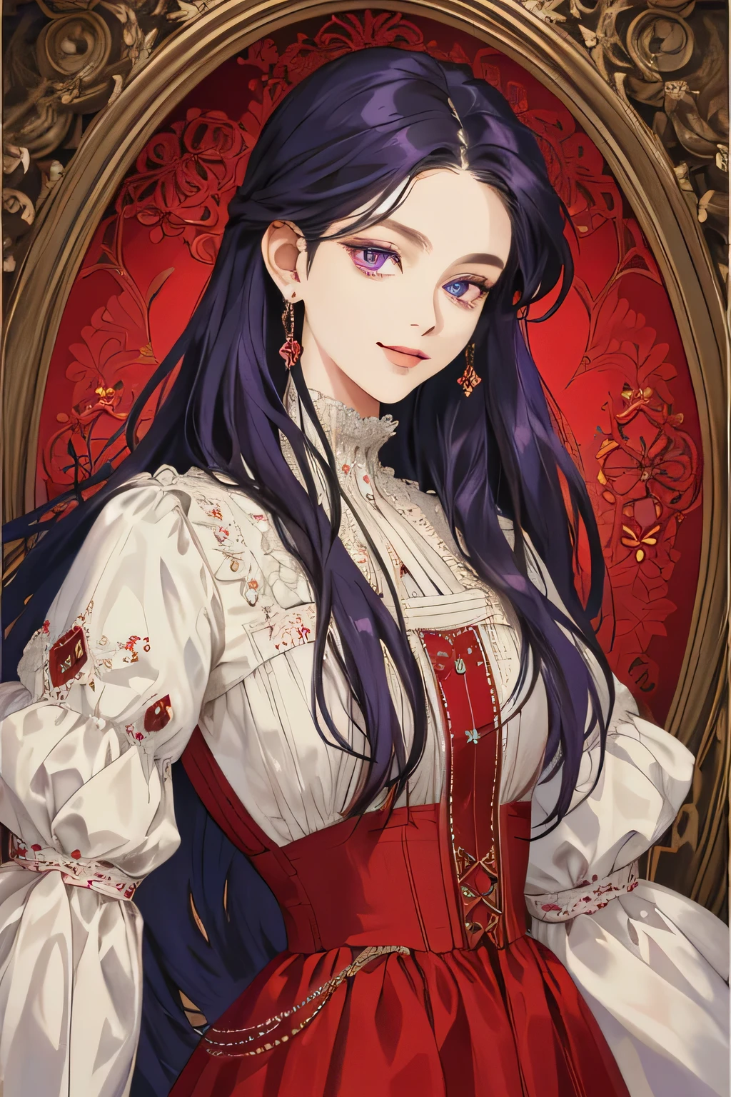 (extreamly delicate and beautiful:1.2), 8K,(masterpiece:1.0),(best_quality:1.0), 1 girl, and intricate detailing, Enlarged textures, and intricate detailing, finely eye and detailed face, and intricate detailing, shiraga, Blue long hair, (closed mouths), Perfect eyes, Equal eyes, eyes smile, purple eyes (A famale god) with (masterpiece), best quality, with red long dress victorian style vintage retro