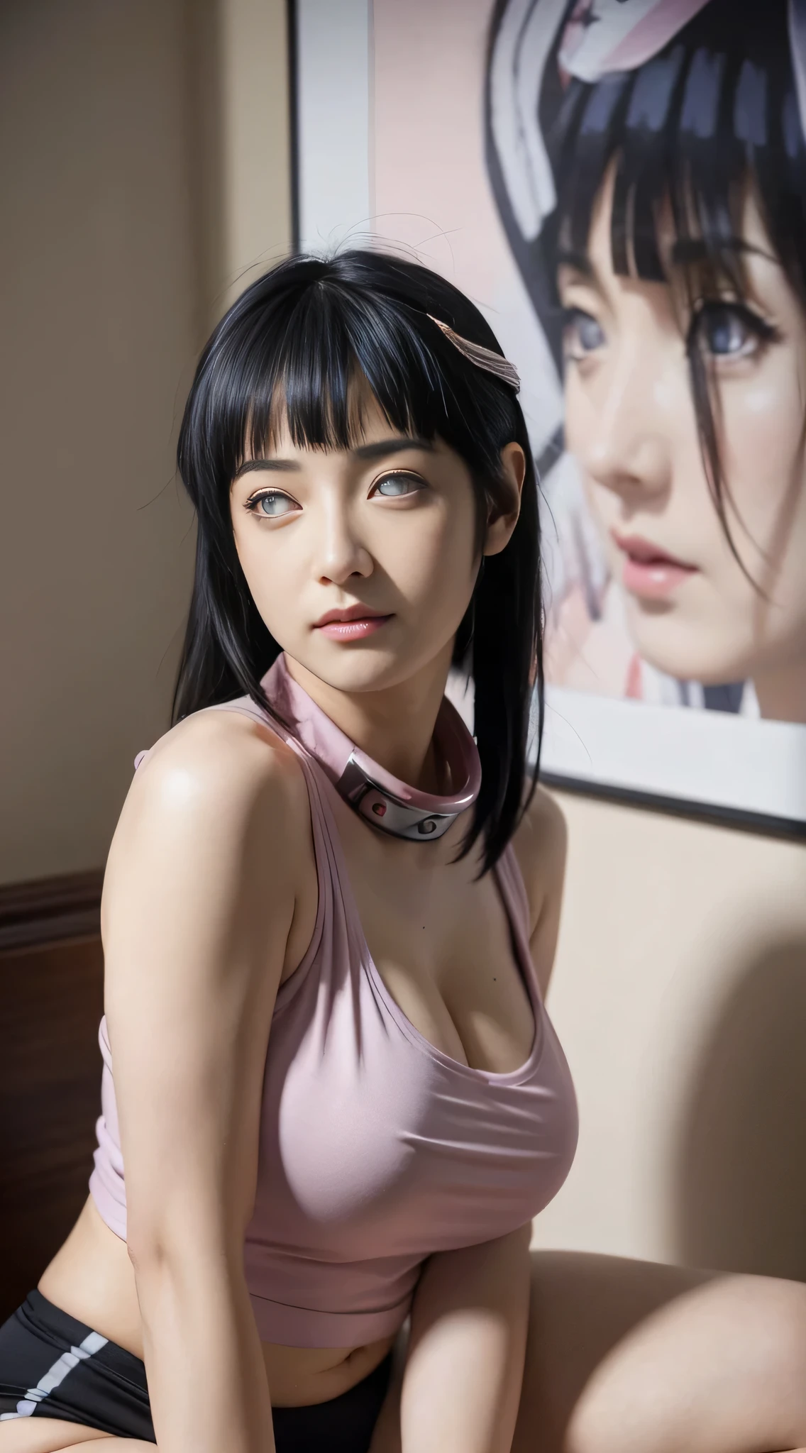 (ultra-realistic realism), (illustratio), (high resolution), (8K), (extremely detaile), (best illustration), (Beautiful and delicate eyes), (Best quality), (Super detailed), (tmasterpiece), (Wallpapers), (Detal Face), Tik, (dynamicposes), Full body image of a person with long hair and (redtank top), hinata hyuga, hinata hyuga from naruto, from naruto, as an anime character, perfect anime face, she has dark blue hair with tied up , female anime character, anime characters, best anime girls, style hime cut hair, dark blue hair, pink lips, light purple eyes, smile,huge bearsts,big tits, use neck hair konoha logo headband style,pretty face:1.3) mini underpants), (with bad balconey) red clothes