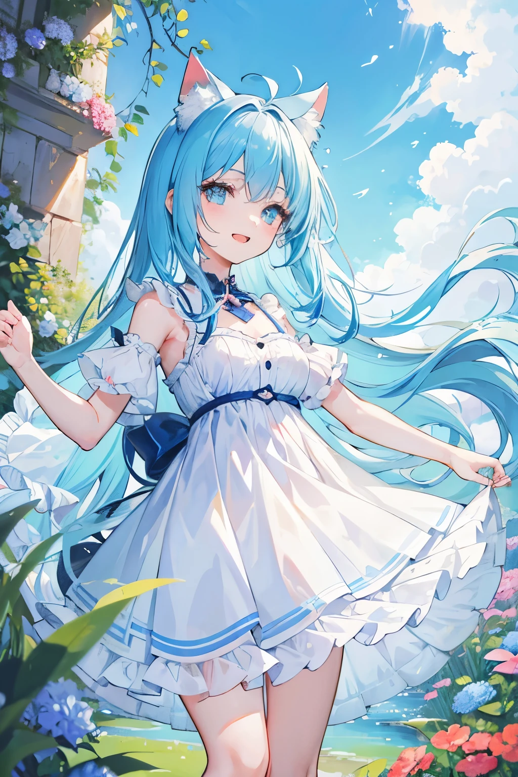 A delightful girl character with light blue hair, adorned with playful cat ears, erupts in heartfelt laughter. Best quality, masterpiece illustration captures every intricate detail - from the expressive, vibrant eyes, to the soft, lustrous strands of hair cascading down like a waterfall. The background is filled with a colorful, aesthetic scene - perhaps a blooming garden or a serene lake reflecting the clear blue sky. Pixels bursting with life bring out every detail in this high-resolution, high-definition image.