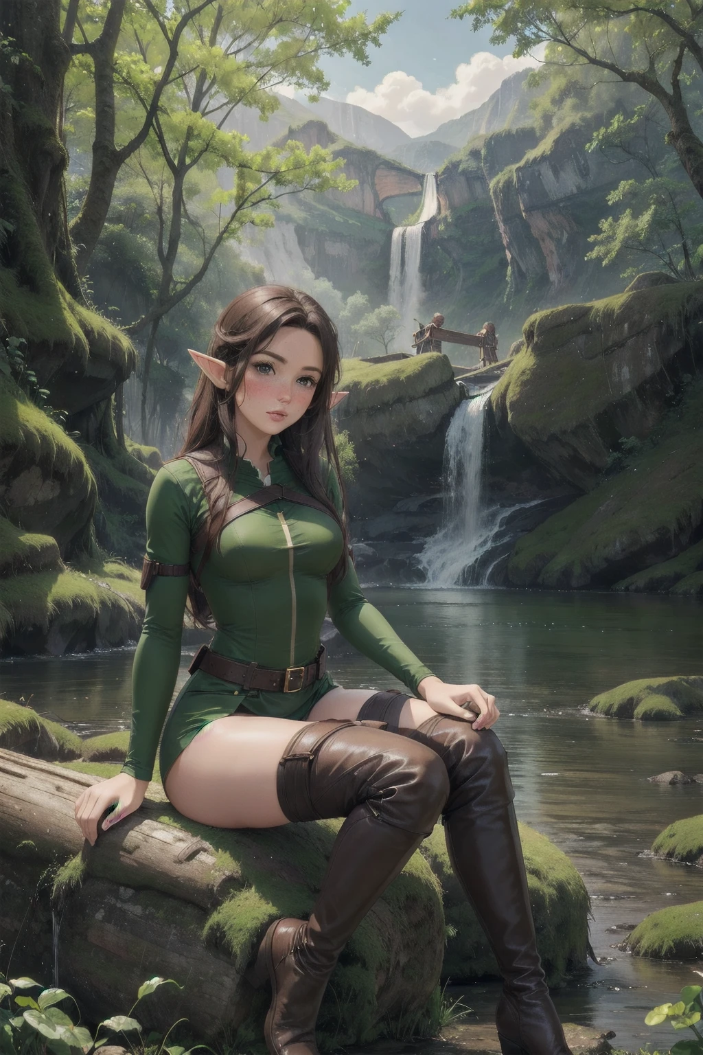 Masterpieces, best quality, perfect, wood, outdoors, forest, elf, sfw,26 years old, mature woman, leather, small ears, blushing, freckles, facing viewer, brown hair, full body, archer, long torso, mouth open, glossy lips, large waist, thick thighs, sitting on log, facing viewer, thigh high socks, hourglass shape, slim waist, thigh gap, cleavege, adult woman, cleavege window, large breasts, beautiful background, perfect landscape, the most peacefull place you've ever been, a welcoming woman, lush pastures, leg strap, leg holster, belt, hunger games, holding wooden bow, holding fancy elf bow, milf, thigh boots held up by leather waist strap, cleavege cutout, Beautiful waterfall