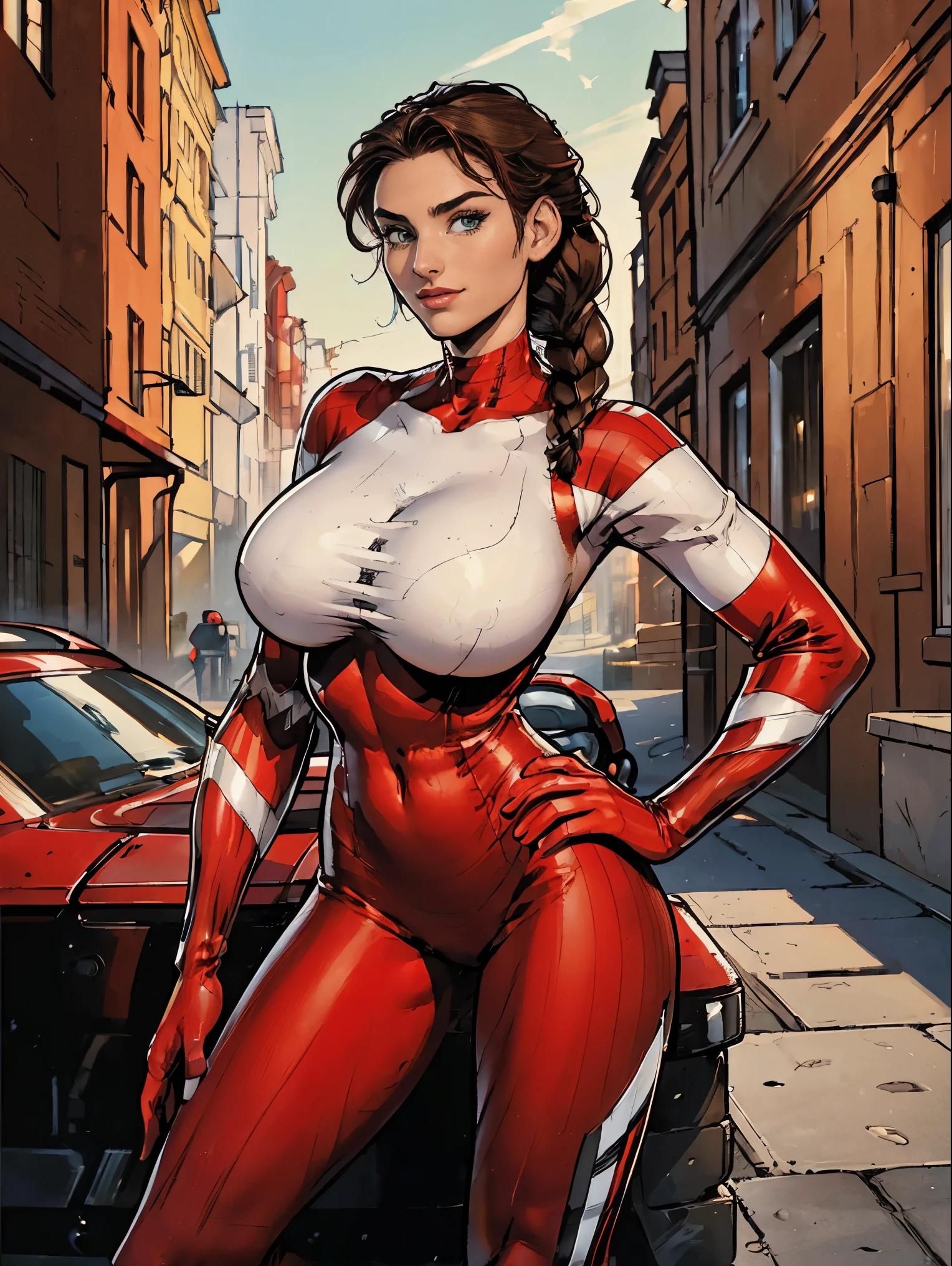 (masterpiece, top quality, best quality, official art, beautiful and aesthetic:1.2), (1girl:1.3), brown hair, braid, extremely detailed, portrait, looking at viewer, solo, (full body:0.6), detailed background, close up, mischievous eyes, (warm city superhero theme:1.1), pleasant smile, brunette, aquiline nose, green eyes, braid, ((gigantic breasts)), (thin), athletic, superhero. Wearing a sleek, satin (high-neck) (sleek white and red striped bodysuit), ((red sleeve stripes, red leg stripes)), (white sides, red center), modest, fully-covered, long red gloves, long red boots, slim waist, slim hips, long legs, modern (city street exterior:1.1) detailed background, bright optimistic lighting, shadows, magical atmosphere, dutch angle