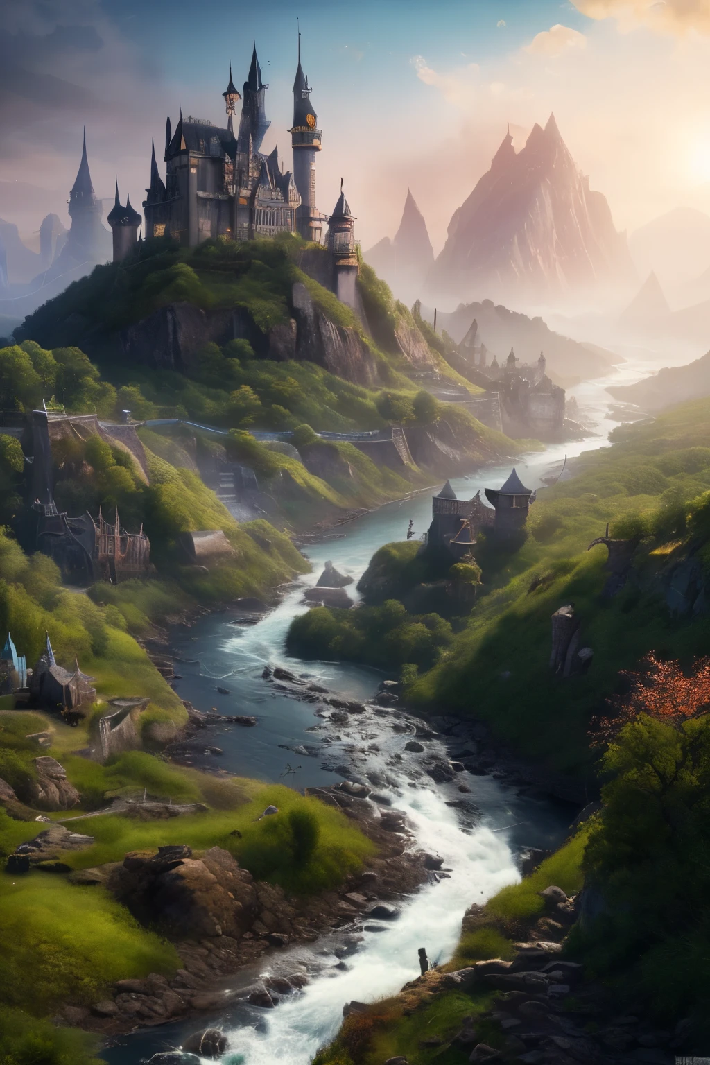 (8K) (Artstation is very detailed), two armored characters, epic battle scenes, characters with rich dark details, scene painting, scene painting, large scenes, background mountains and rivers, and rich plants. The foreground has a castle, fantasy, and rich colorshas a castle, fantasy, and rich colors