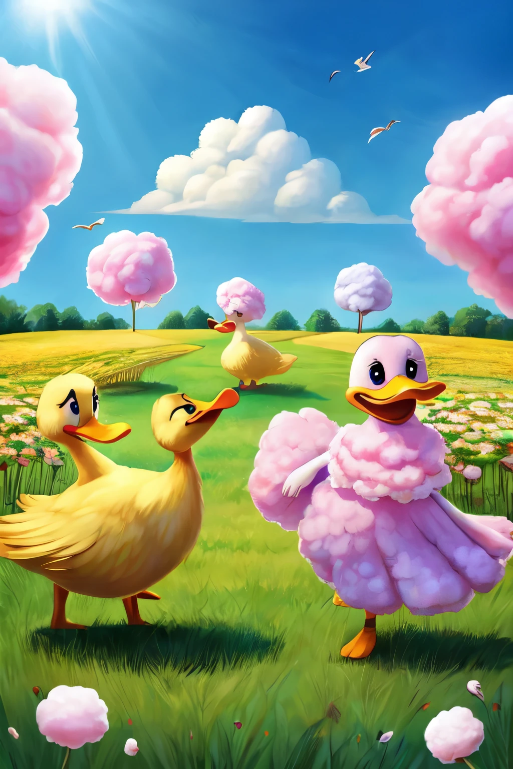 Group of ducks dancing in a field of cotton candy (best quality)),(detailed), cartoon,animal