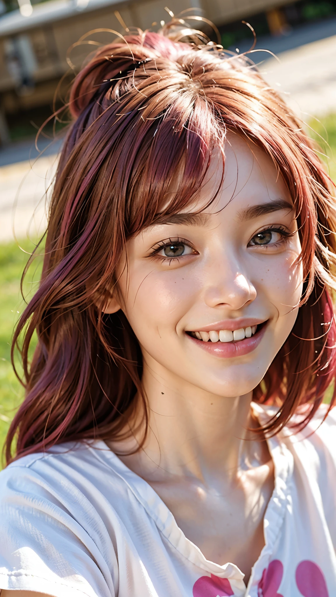 highest quality, masterpiece, Ultra-high resolution, (Realistic:1.4), (Close-up portrait) RAW Photos, 1 girl,20-year-old,((I'm showing my teeth and smiling)),((Big smile)),((Random Background)),((look up)),((Random cute poses)),,((Passionate pink haired girl )),((Pure white T-shirt)),Messy Hair,((Cap Chestnut)),((Short bangs)),Realistic,Image Media Chest)),