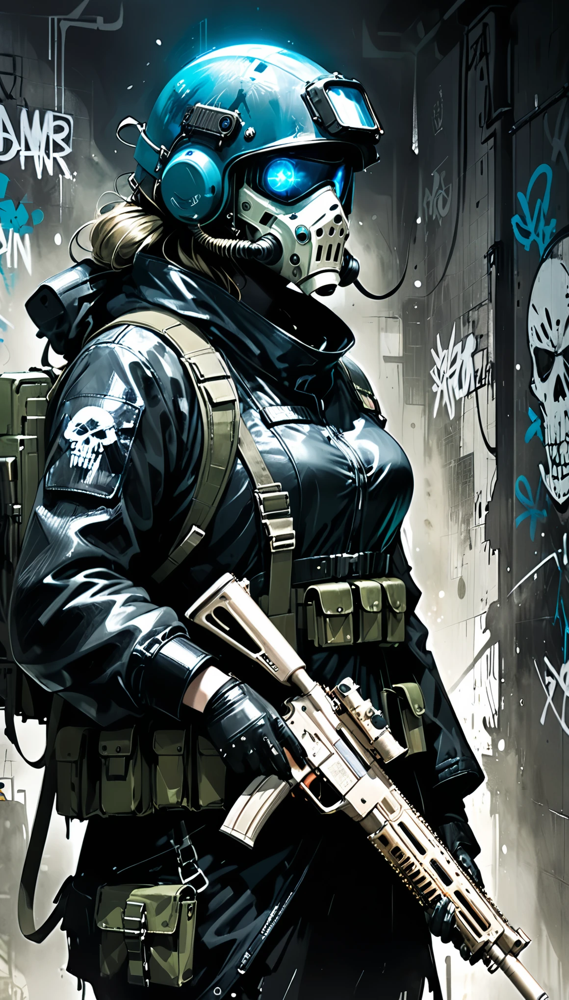 in style of Ashley Wood，1girl,Character Design and Doomsday,Details,glowing steelblue eyes,detailsTextured Skin,Night vision devices，Black leather coat，Death Mask，Graffiti Helmet，Holding a gun，aim动作，(aim：1.2),Modified firearms，Modify heavy firearms