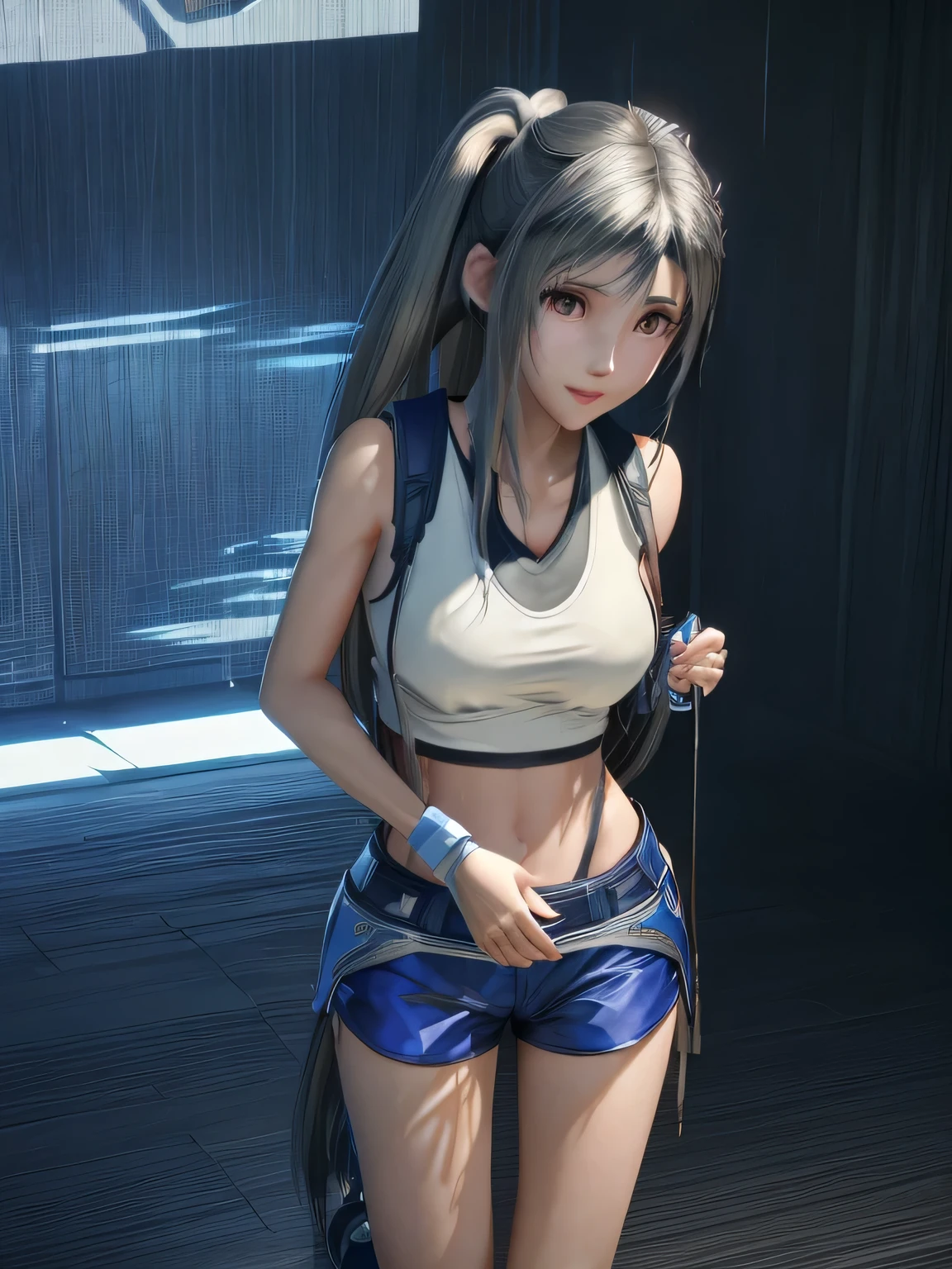 007 anime girl in mini skirt, epic anime art, slim waist, nice figure, wide hips, sexy, teenage girl, straps, sheath, crop top, (best quality, ultra quality), long hair, gray hair, split color hair, detailed face, detailed eyes, cute eyes, perfect lighting, hd, 8k, shiny skin, masterpiece, digital art, intricate details, highly detailed, volumetric lighting, detailed background, ue5, unreal engine 5, artstation, artstation trends , post processing, line art, fine detail, colorful detailed illustration, street, cinema, multiple light sources, sunset, piercing,