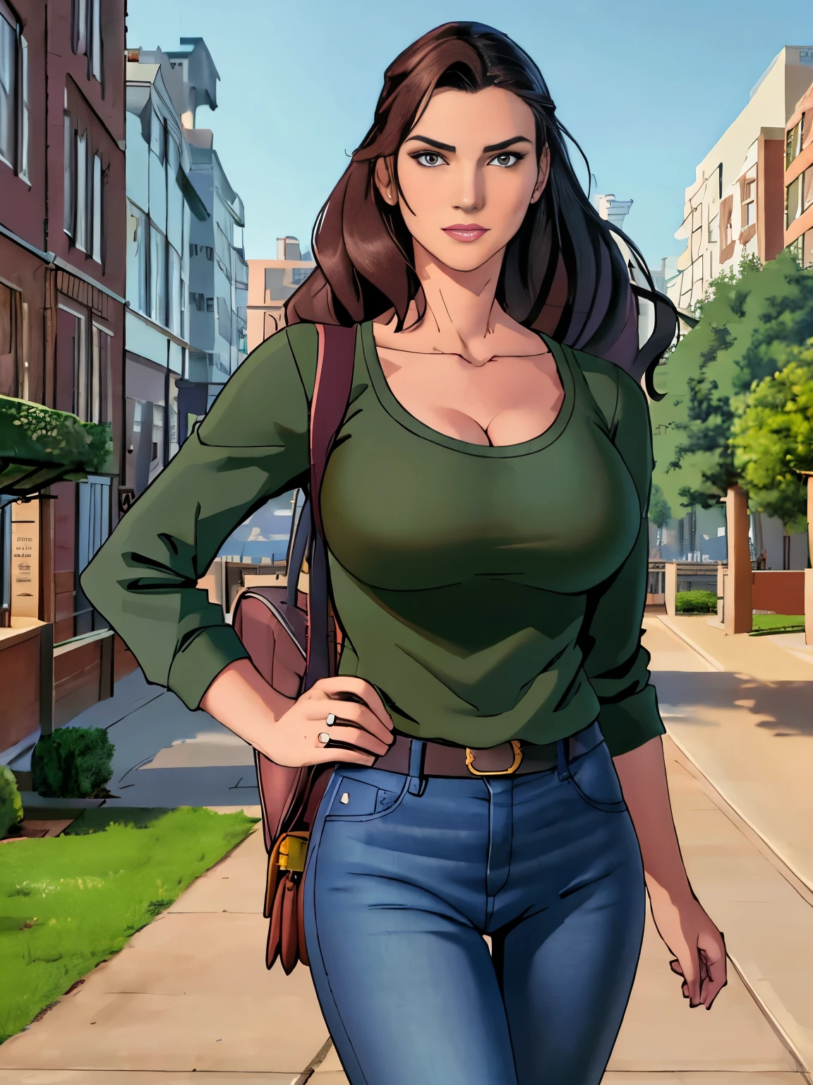 (masterpiece, top quality, best quality, official art, beautiful and aesthetic:1.2), (1girl:1.3), dark brown hair pulled back, elegant updo, extremely detailed, portrait, looking at viewer, facing viewer, solo, (full body:0.6), detailed background, close up, kindly eyes, (warm summer park theme:1.1), busty woman, charlatan, smirk, mysterious, long hair, huge ponytail, slim, thin, athletic, womanly, elastic woman, dark green jacket, tank top, blue jeans, hair bandana, camera bag, brunette, city, heroic, cheerful, city exterior, park, street, daylight, soft lighting, natural lighting, athletic, strong, slim waist, slim hips, long legs, muscular legs, modern (city park exterior:1.1) background, bright mysterious lighting, shadows, magical atmosphere, dutch angle, (Abigail Shapiro)