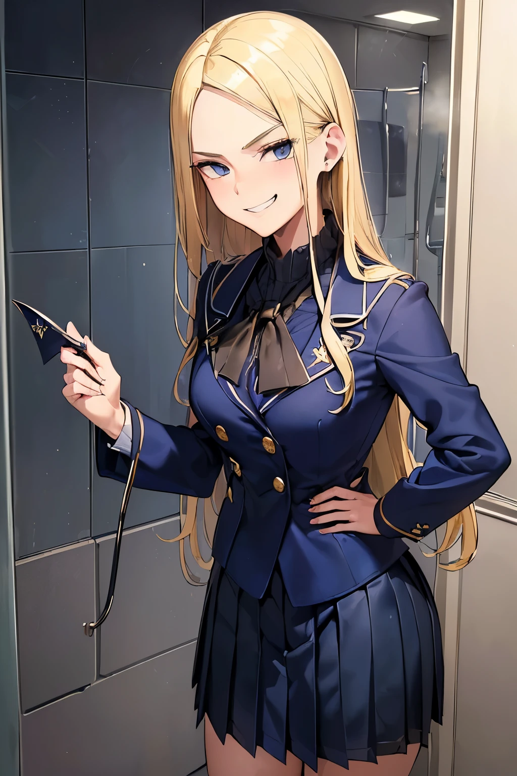 ((best quality)), ((masterpiece)), ((detailed)), (((perfect face))), (((18yo blonde girl in navy blue suit, pleated skirt))), (((standing)))) (((evil smirk))), ((((fancy school bathroom))))