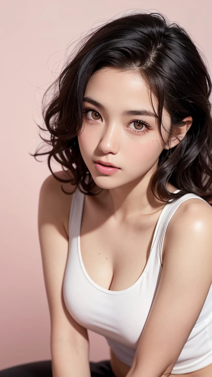 Professional photograph of a 28 years old pretty girl with grey eyes, black middle-length curly hair, slightly open mouth and pink skin with a rosy complexion. Dressed in a white tank top. Facing slightly to the right, turning the head towards the camera ,tiffen soft contrast filter effect, beautiful breasts, elegant pose, Muted background.