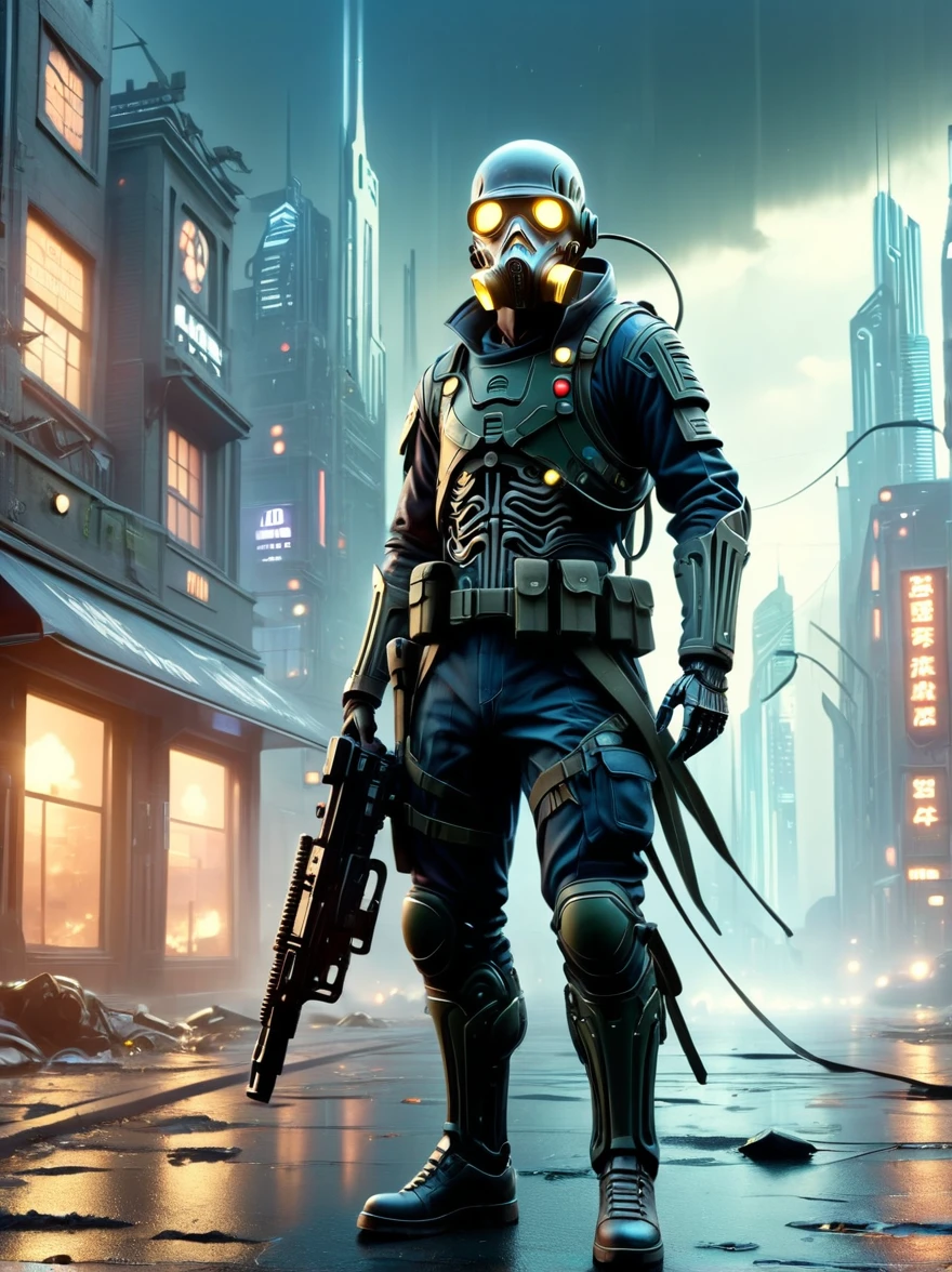 German skeleton soldier from WWII wearing a gas mask，Fight aliens in the streets of a futuristic city，The city was devastated，surrealism, UnrealEngine, high detail, atmospheric lighting, Futuristic metropolis, Long Shot(LS), Extra Long Shot(ELS), 