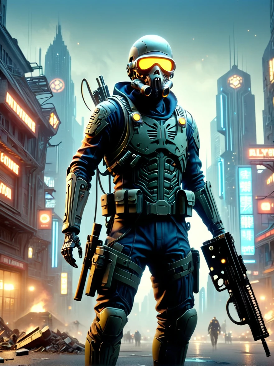 German skeleton soldier from WWII wearing a gas mask，Fight aliens in the streets of a futuristic city，The city was devastated，surrealism, UnrealEngine, high detail, atmospheric lighting, Futuristic metropolis, Long Shot(LS), Extra Long Shot(ELS), 