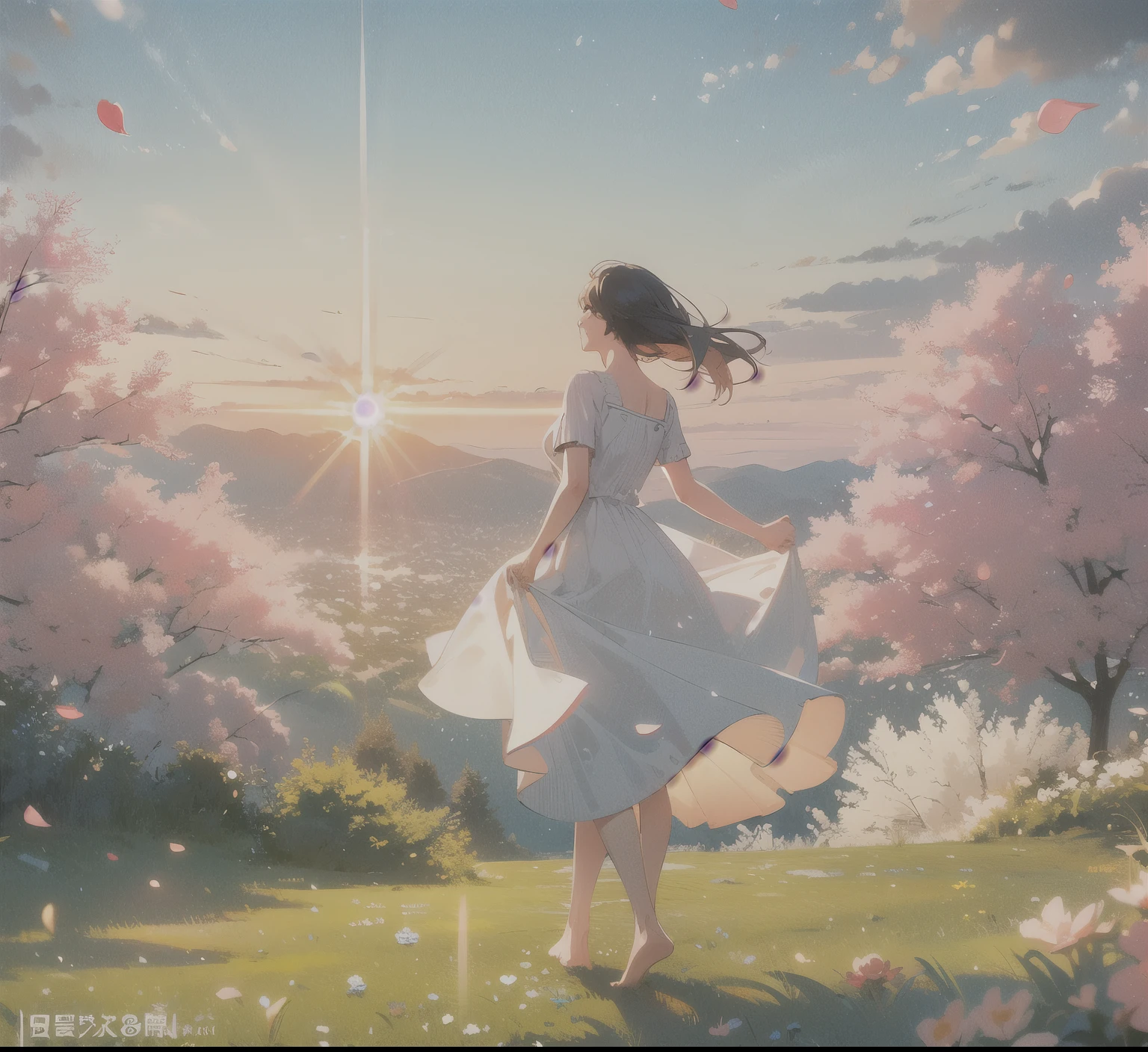 "lovely dark eyes and pink lips, wearing a bright pink wool sweater, aproveitando um belo dia de sol em um jardim encantador de flores coloridas. The scene is depicted with a medium illustration (medium:1.2), with amazing image quality (best quality, 4k, highres, ultra-detailed), providing a realistic representation (realistic:1.37) e enriquecida com tons suaves e vibrantes. The garden lighting is soft and golden, criando uma atmosfera aconchegante e calorosa. The girl is surrounded by multicolored butterflies that delicately dance around her, adding a playful touch to the scene. The fallen flower petals form a soft carpet beneath your bare feet., criando um contraste bonito com o verde vivo da grama. An artistic masterpiece that captures the sweetness and joy of a perfect day outdoors for all to admire."
Notice:The description here is just an example,You can add other details as required based on the given theme.。