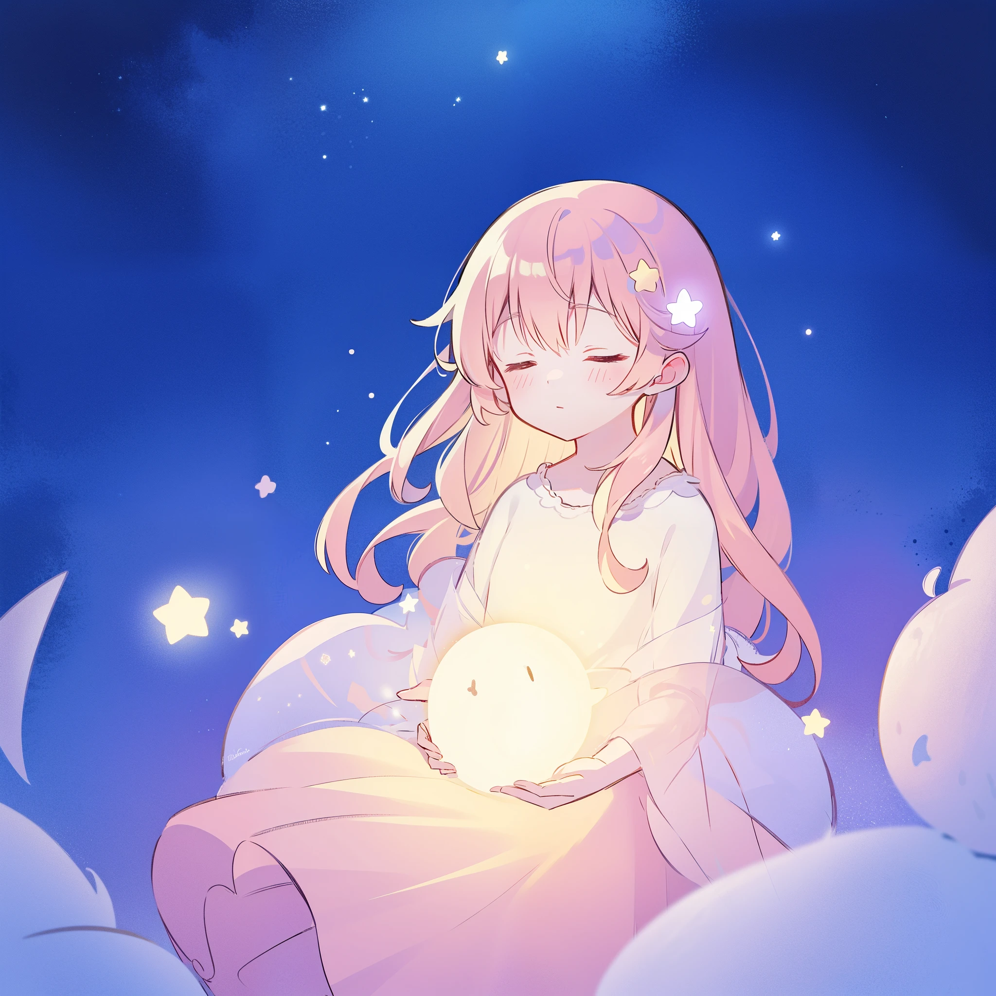 complex background, wishing star background, a woman wearing an ethereal mystical pink translucent dress that reflects the stars, dreamy, peaceful, serene composition, glowing stars, glowing, complex drawing, highly detailed, ethereal, starry night, midjourney style