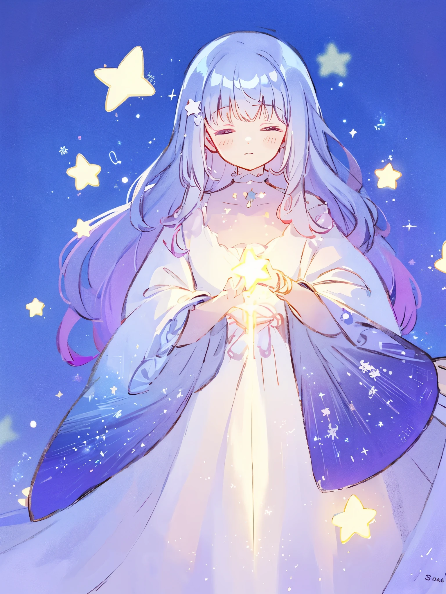 wishing star background, woman surrounded by flowing translucent fabric that reflects the stars, woman holding a glowing star in her hands, magical, complex drawing, highly detailed, ethereal, starry night, midjourney style