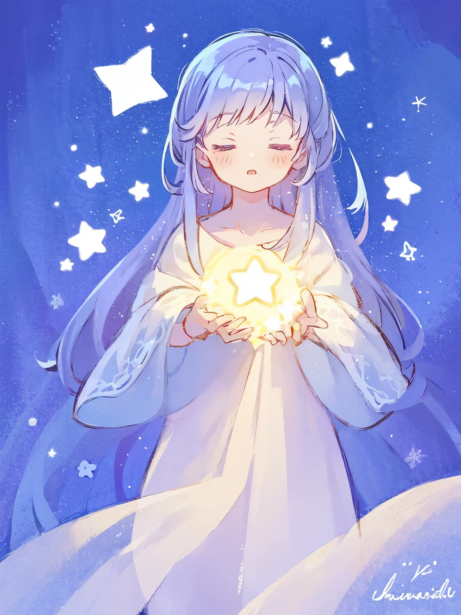 wishing star background, woman surrounded by flowing translucent fabric that reflects the stars, woman holding a glowing star in her hands, magical, complex drawing, highly detailed, ethereal, starry night, midjourney style