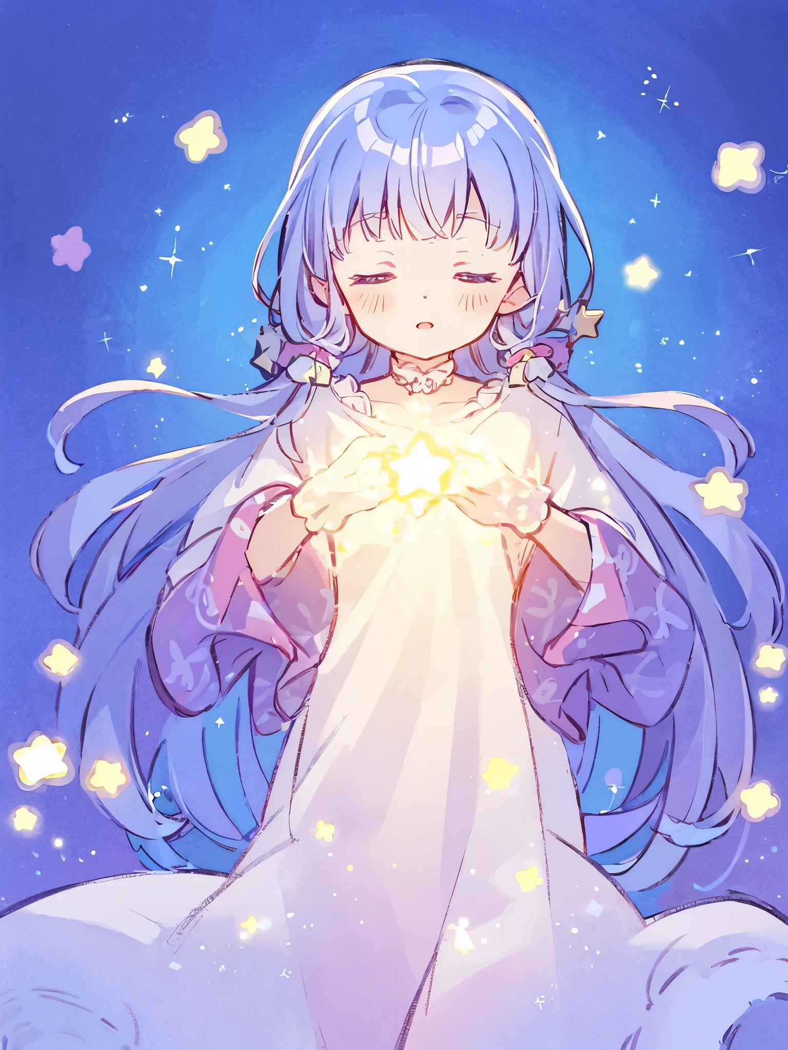 wishing star background, woman surrounded by flowing translucent fabric that reflects the stars, woman holding a glowing star in her hands, magical, complex drawing, highly detailed, ethereal, starry night, midjourney style