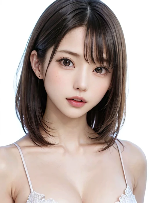 (software:1.8、Masterpiece, highest quality),1 girl, alone, hyper Realistic, Realistic,Realistic, Looking at the audience, Light brown eyes:1.4,Brunette Short Bob Hair with highly detailed shiny hair, Bright red clothing:1.4, Lepangas:1.4), Mouth closed, Upper Body、big chest eye、eyelash、{Huge|big chest|Hugeな|Mega} whole :2, Chest cleavage:2、(((Add highlights to the eyes:1.4、big chest eye、Short Bob Hair、Glossy Skin:1.4、Looking at the audience、She is very beautiful and cute、Show me your ears、Beautiful long neck、smile、Close your mouth and smile、Bangs and beautiful teeth)))、Ideal body type、((A beautiful, pure white background with nothing drawn on it:2、A simple, blank white background:2、Very simple white background:2))、Beautiful long neck:1.4、(({Huge|big|Huge|Mega} chest, Chest cleavage:2、Upper Bodyは服を着ていない:1.6))、(((Portraiture:2、Face close up:2、Face close up:2)))、Perfect Anatomy