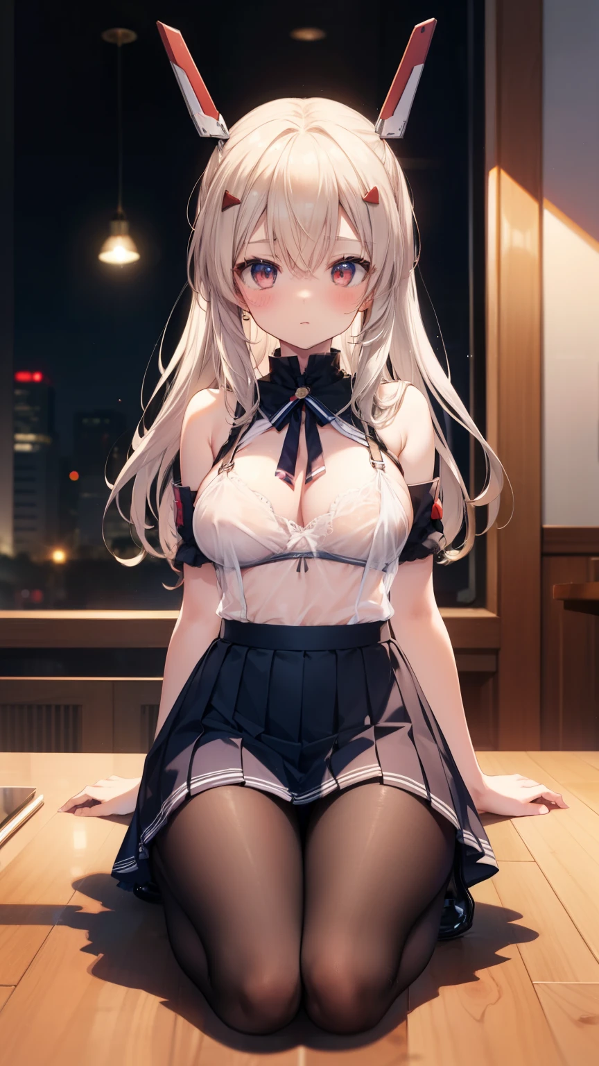 Azur Lane Ayanami、table top、High resolution、2 people、2 people girl、twins、2 cute girls、big and full breasts、naughty body、underwear only、See-through、pink lingerie、throw、kneel down、kneel down、Look up at me、confused face、blush、black pantyhos、navy check skirt、micro mini skirt、very short skirt、Department store、shop、Many people々、in the crowd、bare chest、show your chest、circle、Black Pantyhose