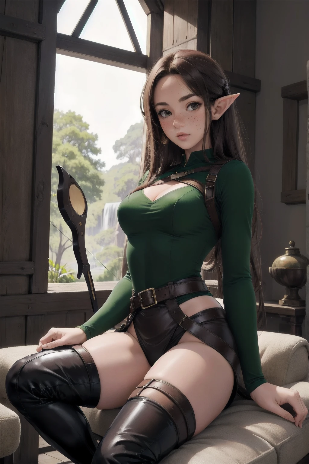 Masterpieces, best quality, perfect, wood, indoors, forest, elf, sfw,26 years old, mature woman, leather, small ears, blushing, freckles, facing viewer, brown hair, full body, archer, long torso, mouth open, glossy lips, large waist, thick thighs, sitting on couch, facing viewer, thigh high socks, hourglass shape, slim waist, thigh gap, cleavege, adult woman, cleavege window, large breasts, beautiful background, perfect landscape, the most peacefull place you've ever been, a welcoming woman, lush pastures, leg strap, leg holster, belt, hunger games, holding wooden bow, holding fancy elf bow, milf, thigh boots held up by leather waist strap, cleavege cutout, Beautiful waterfall