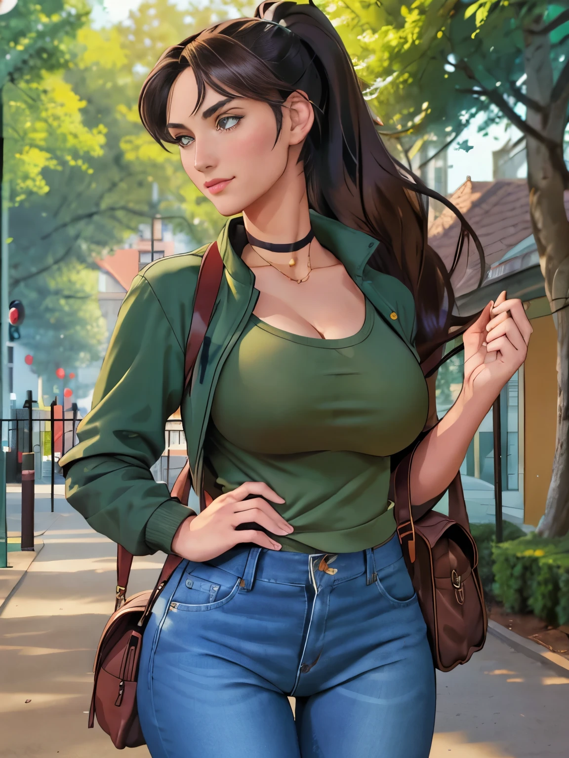 (masterpiece, top quality, best quality, official art, beautiful and aesthetic:1.2), (1girl:1.3), dark brown hair pulled back, elegant updo, extremely detailed, portrait, looking at viewer, facing viewer, solo, (full body:0.6), detailed background, close up, kindly eyes, (warm summer park theme:1.1), busty woman, charlatan, smirk, mysterious, long hair, huge ponytail, slim, thin, athletic, womanly, elastic woman, dark green jacket, tank top, blue jeans, hair bandana, camera bag, brunette, city, heroic, cheerful, city exterior, park, street, daylight, soft lighting, natural lighting, athletic, strong, slim waist, slim hips, long legs, muscular legs, modern (city park exterior:1.1) background, bright mysterious lighting, shadows, magical atmosphere, dutch angle, (Abigail Shapiro)