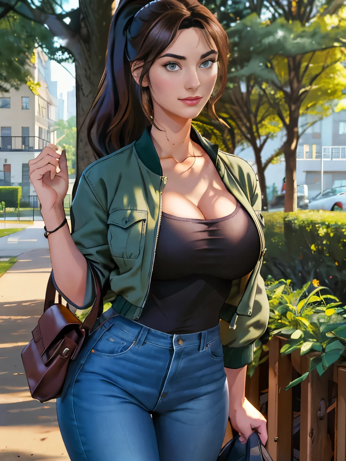 (masterpiece, top quality, best quality, official art, beautiful and aesthetic:1.2), (1girl:1.3), dark brown hair pulled back, elegant updo, extremely detailed, portrait, looking at viewer, facing viewer, solo, (full body:0.6), detailed background, close up, kindly eyes, (warm summer park theme:1.1), busty woman, charlatan, smirk, mysterious, long hair, huge ponytail, slim, thin, athletic, womanly, elastic woman, dark green jacket, tank top, blue jeans, hair bandana, camera bag, brunette, city, heroic, cheerful, city exterior, park, street, daylight, soft lighting, natural lighting, athletic, strong, slim waist, slim hips, long legs, muscular legs, modern (city park exterior:1.1) background, bright mysterious lighting, shadows, magical atmosphere, dutch angle, (Abigail Shapiro)