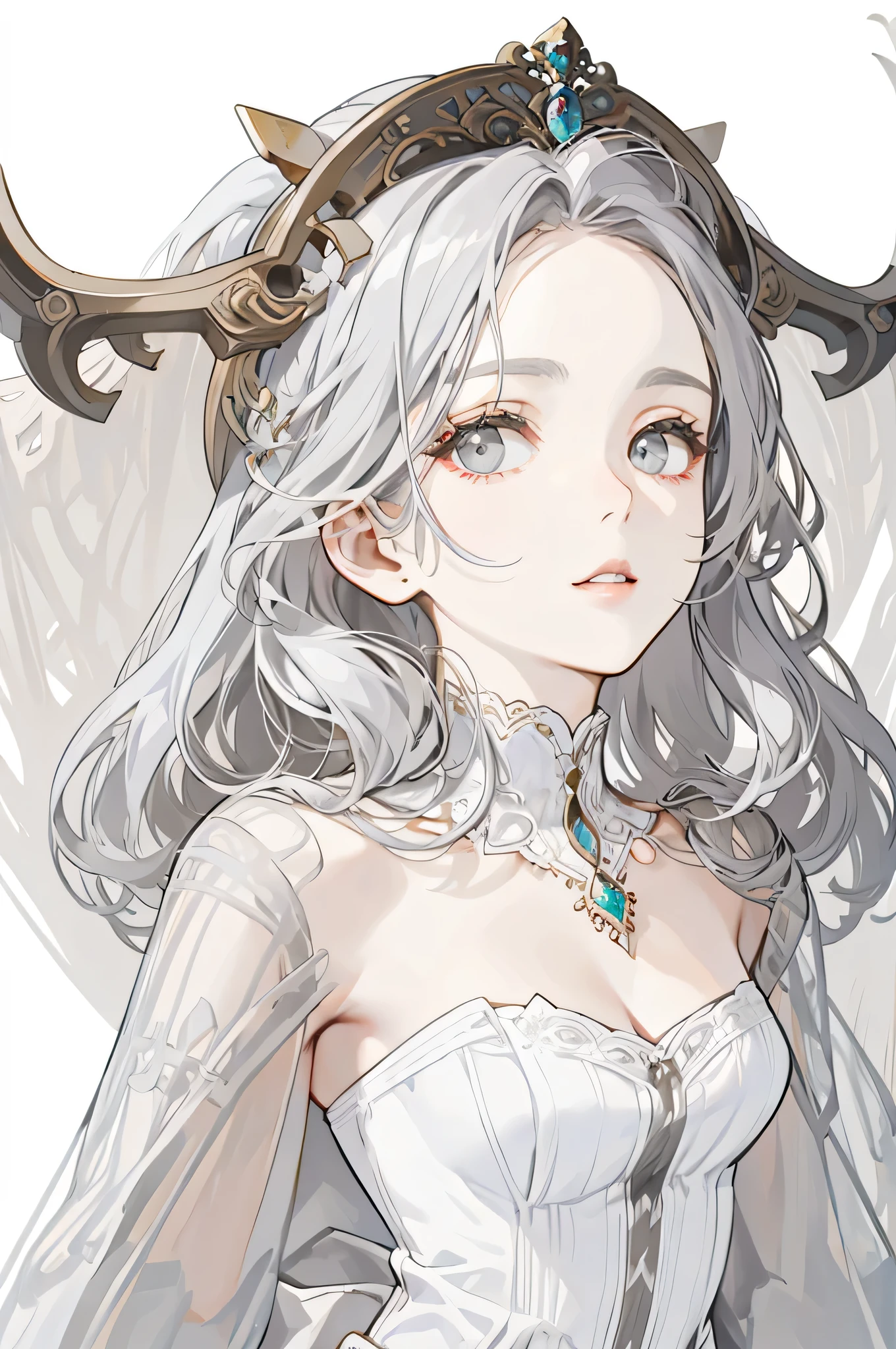 Empress, forest nymph, lily of the valley, ethereal forest girl, perfect anatomy, hanging jewels, pretty girl, amazing body, best proportions, european victorian style dress, greek style, ancient goddess, (((((((white background))))))), ((((closeup face)))), looking at viewer, grey eyes