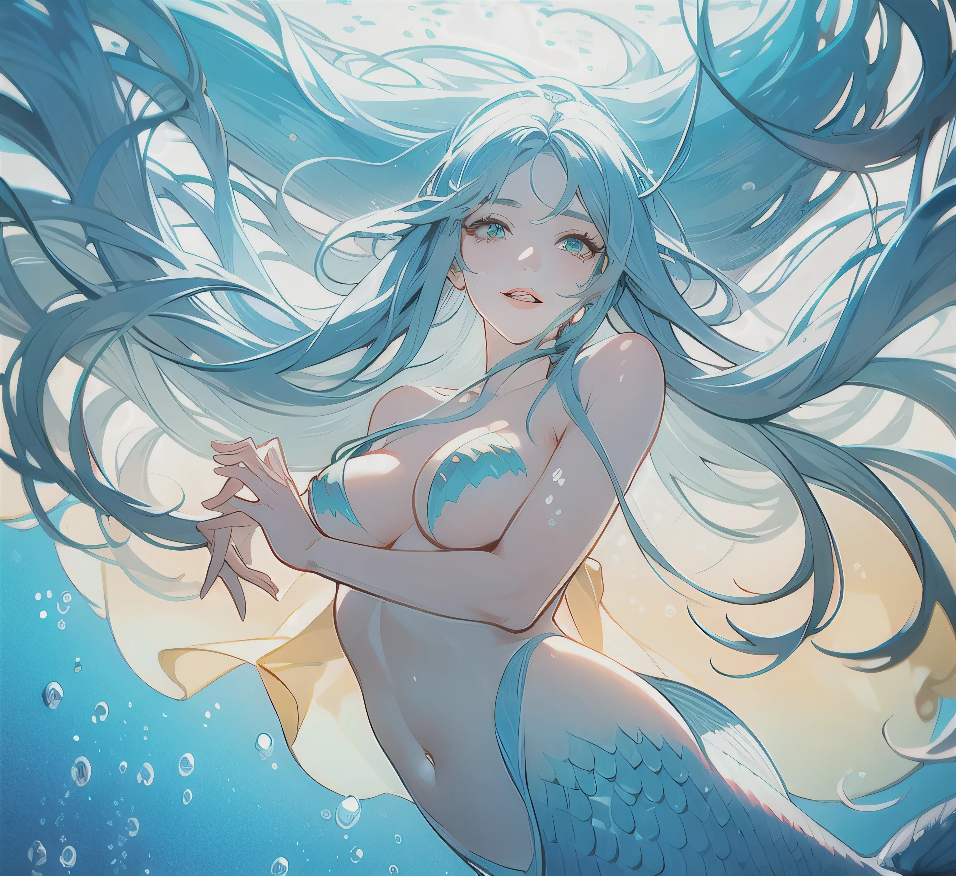 "(best quality,ultra-detailed,realistic),a girl with a mermaid tail,beautiful detailed eyes,beautiful detailed lips,long hair flowing underwater,sparkling turquoise scales,graceful swimming motion,seaweed and colorful coral reefs in the background,soft lighting,shimmering ocean waves,hint of sunlight penetrating the water,ethereal and magical atmosphere"