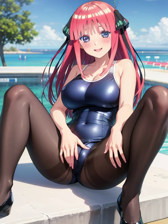 best quality, ultra-detailed masterpiece, nino nakano, one-piece swimsuit, large breasts, pantyhose, blush, smile, open pussy
