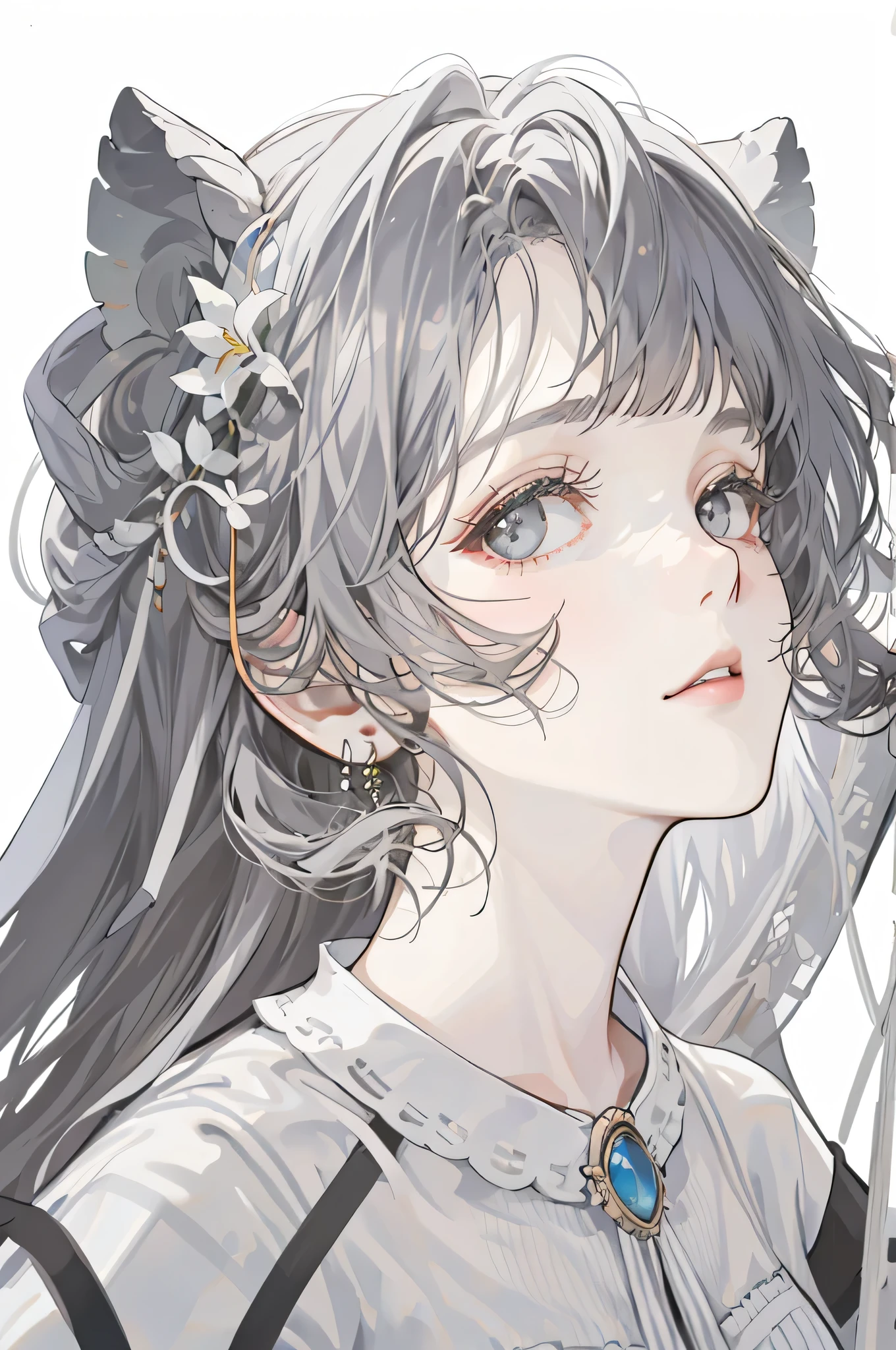 Empress, forest nymph, lily of the valley, ethereal forest girl, perfect anatomy, hanging jewels, pretty girl, amazing body, best proportions, european victorian style dress, greek style, ancient goddess, (((((((white background))))))), ((((closeup face)))), looking at viewer, grey eyes