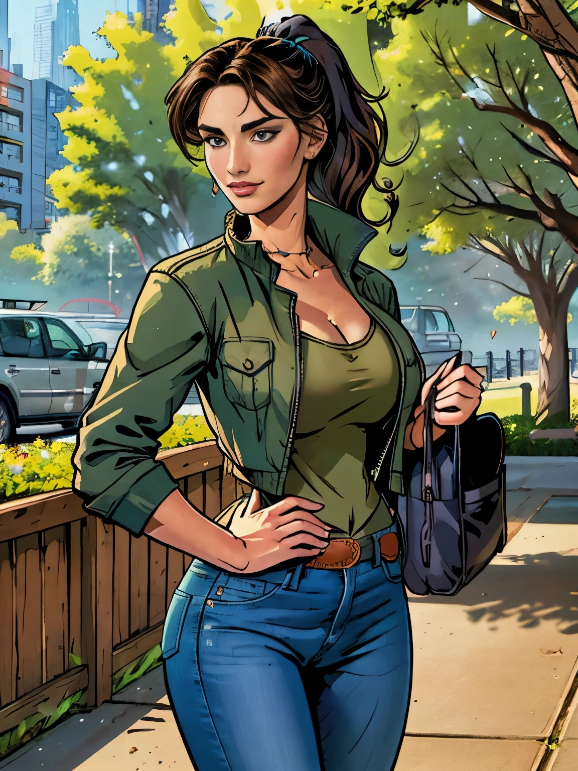 (masterpiece, top quality, best quality, official art, beautiful and aesthetic:1.2), (1girl:1.3), dark brown hair pulled back, elegant updo, extremely detailed, portrait, looking at viewer, facing viewer, solo, (full body:0.6), detailed background, close up, kindly eyes, (warm summer park theme:1.1), busty woman, charlatan, smirk, mysterious, long hair, huge ponytail, slim, thin, athletic, womanly, elastic woman, dark green jacket, tank top, blue jeans, hair bandana, camera bag, brunette, city, heroic, cheerful, city exterior, park, street, daylight, soft lighting, natural lighting, athletic, strong, slim waist, slim hips, long legs, muscular legs, modern (city park exterior:1.1) background, bright mysterious lighting, shadows, magical atmosphere, dutch angle, (Abigail Shapiro)