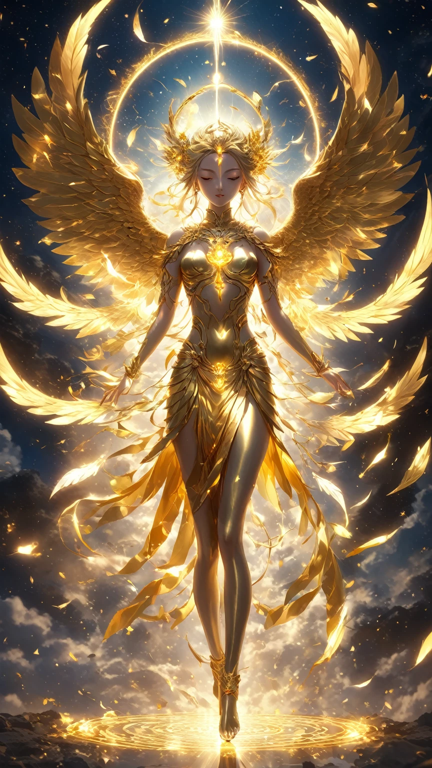 (anime:1.5), Wings of Reincarnation, Golden Buddhist Reincarnation of Death, Spark of the Karmic Cycle, ((8k Artistic)), ((Surrealist Concept Art)), (Award-winning photo:1.5), Perfect cinematic light with soft, natural volume, Vivid photography, imagine, Perfect Anatomy, Eye for perfect detail, Insane beauty, Full Body Shot, Bokeh, High resolution, Masterpiece art, Digital Art Painting, Super detailed, Lenkai's Mart, Color Art, Leonardo Style, figure, Vector art, 1 girl, Upper Body,gold