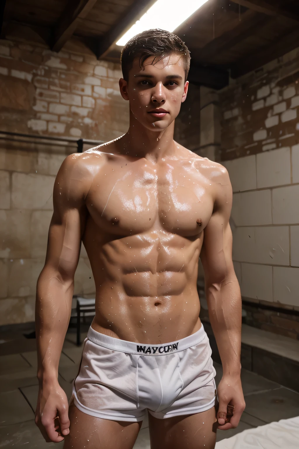 a skinny but muscular 19-year old caucasian boy wearing a white boxers, short brown hair, youthful face, drenched in sweat, sweating profusely, in the dungeon