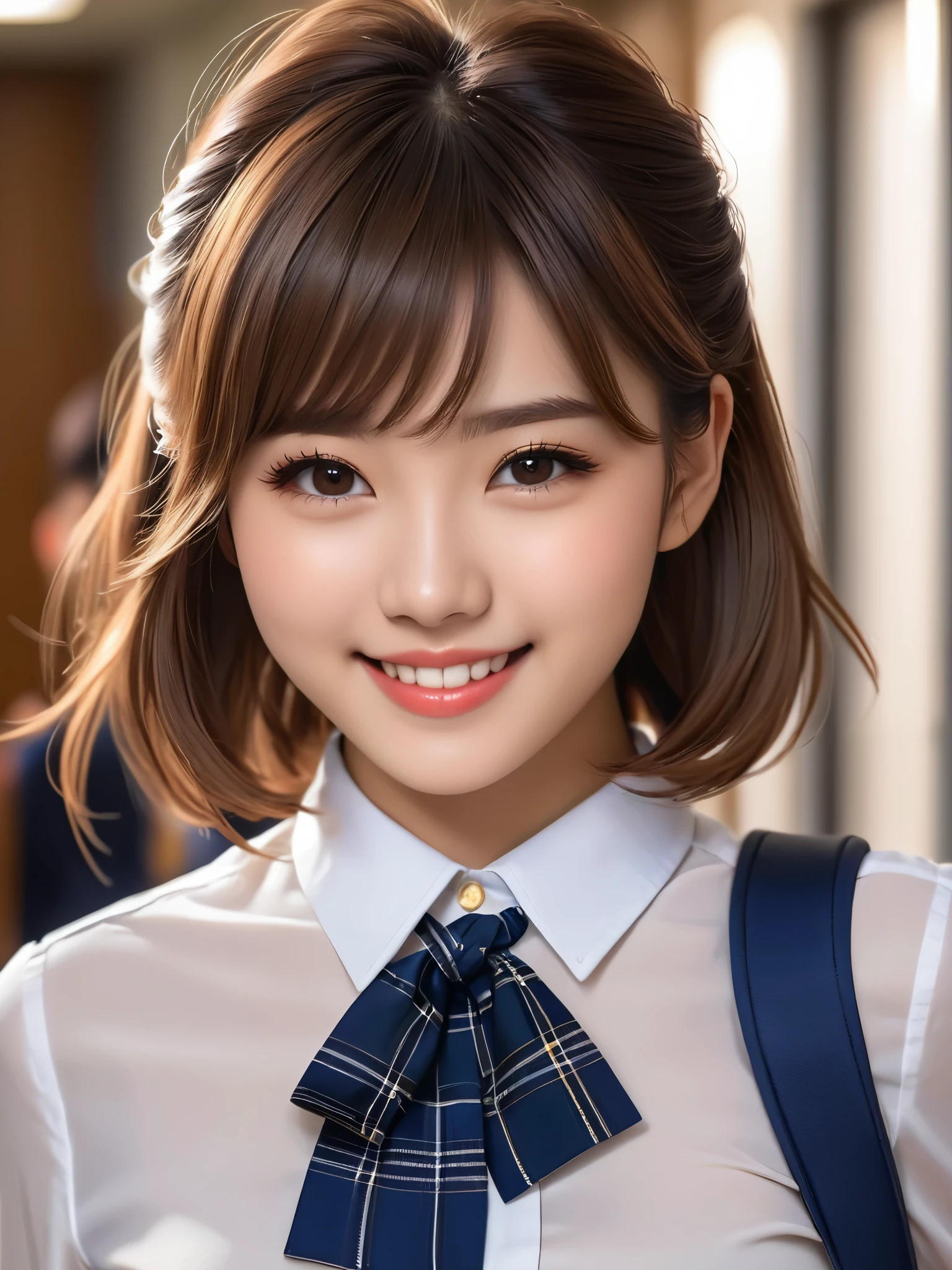 product quality, 1girl, upper body shot, front view, a Japanese young pretty girl, 18 years old, short hair, walking with a big smile on a crowded corridor in a high school, glamorous figure, busty, wearing a white collared shirt of long sleeves, plain dark blue bow tie, dark blue tartan plaid pleated skirt, a school bag on her shoulder, hyper cute face, glossy lips, double eyelids in both eyes, natural makeup, long eyelashes, shiny smooth light brown hair, asymmetrical bangs, fair skin, central image, high resolution, high detail, detailed hairstyle, detailed face, spectacular cinematic lighting, octane rendering, vibrant, hyper realistic, perfect limbs, perfect anatomy