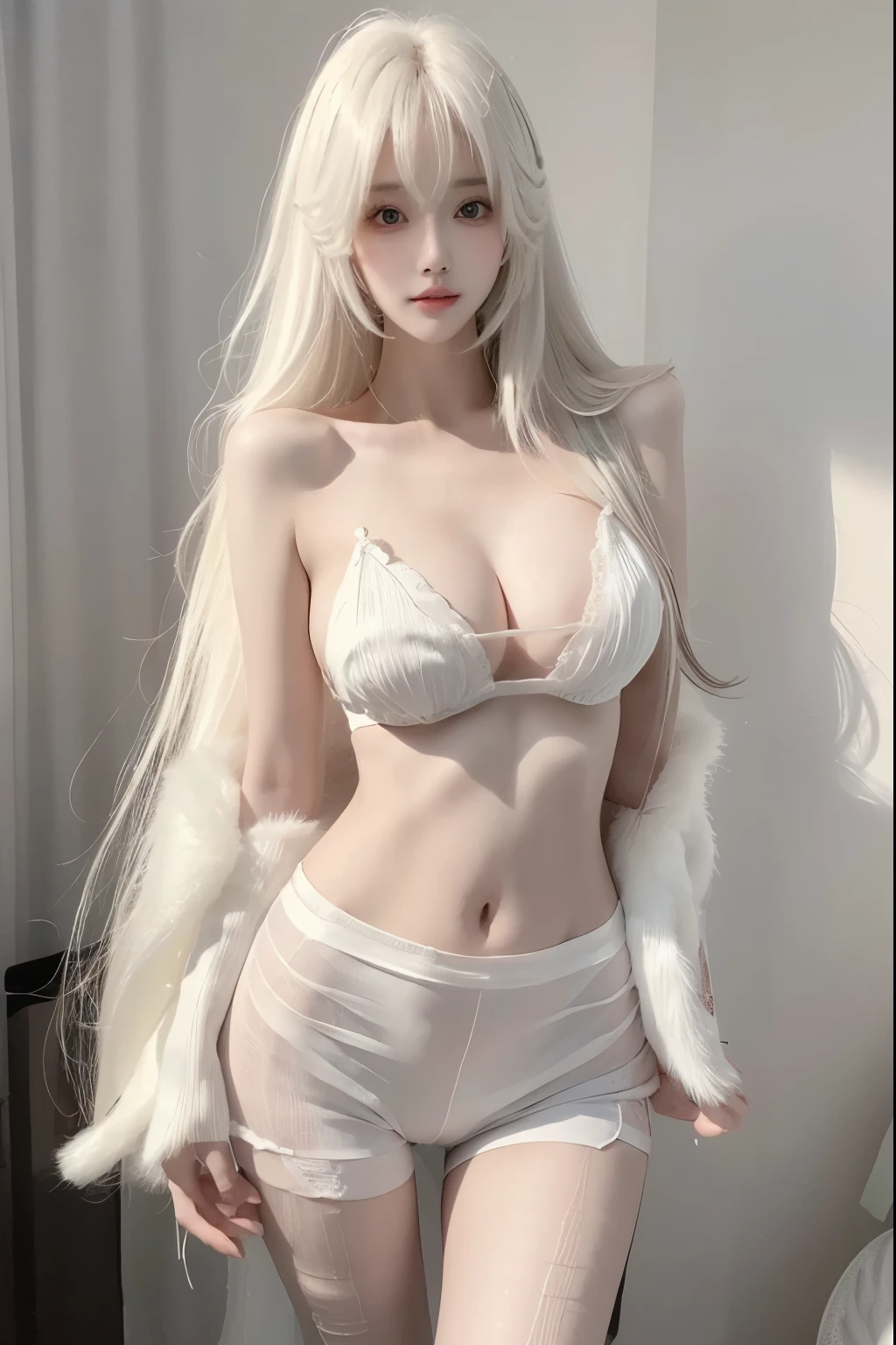 Beautiful woman with perfect body:1.4,Layered Hairstyle,Prominent cleavage,Highly detailed face and skin textures,Double eyelids,Skin Whitening,Long hair,Whitened long legs,White hair,(Black pantyhose,Tube Top)Standing on the sports field