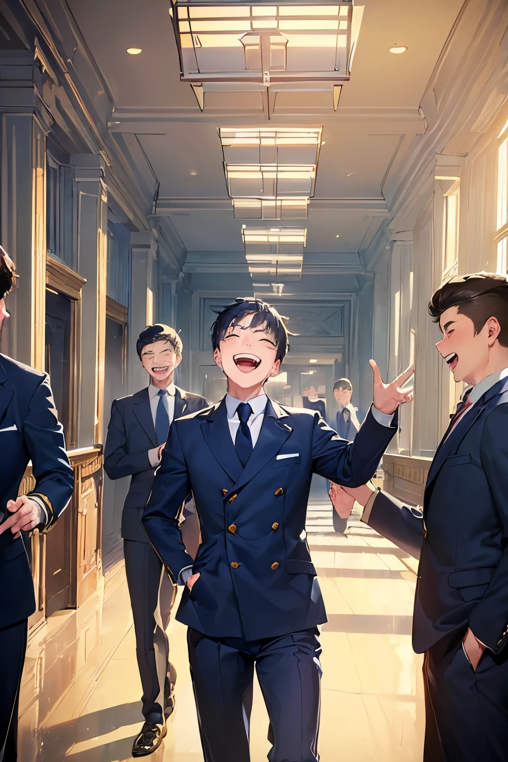 ((best quality)), ((masterpiece)), ((detailed)), (((perfect face))), ((((crowd of age boys in navy blue suits)))), ((((laughing, excited, happy, smiling)))), (((looking at viewer))), ((((interior school corridor))))