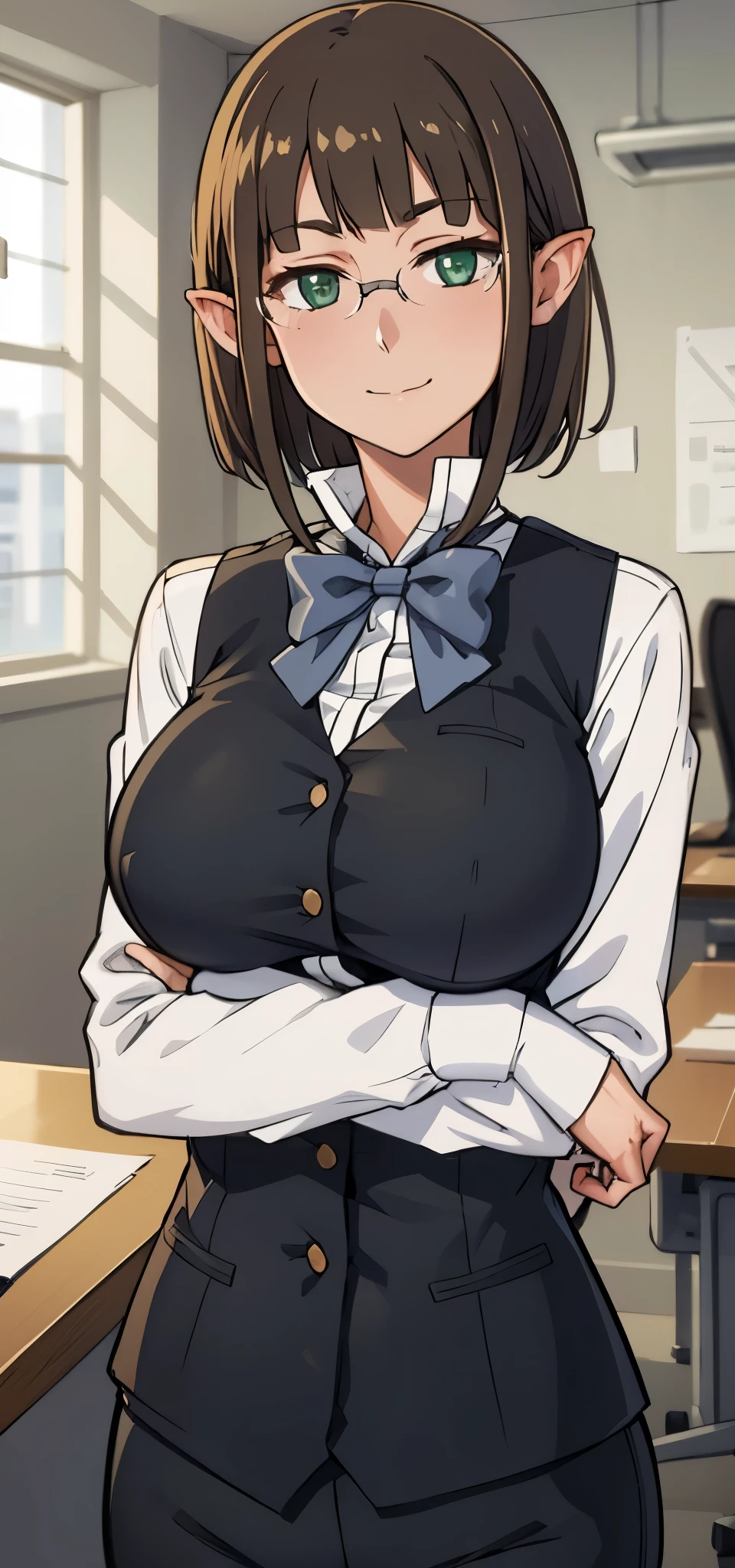 masterpiece, best quality, eina tulle, glasses, bowtie, vest, white shirt, black pants, slight smile, upper body, looking at viewer, large breasts, office, desk 