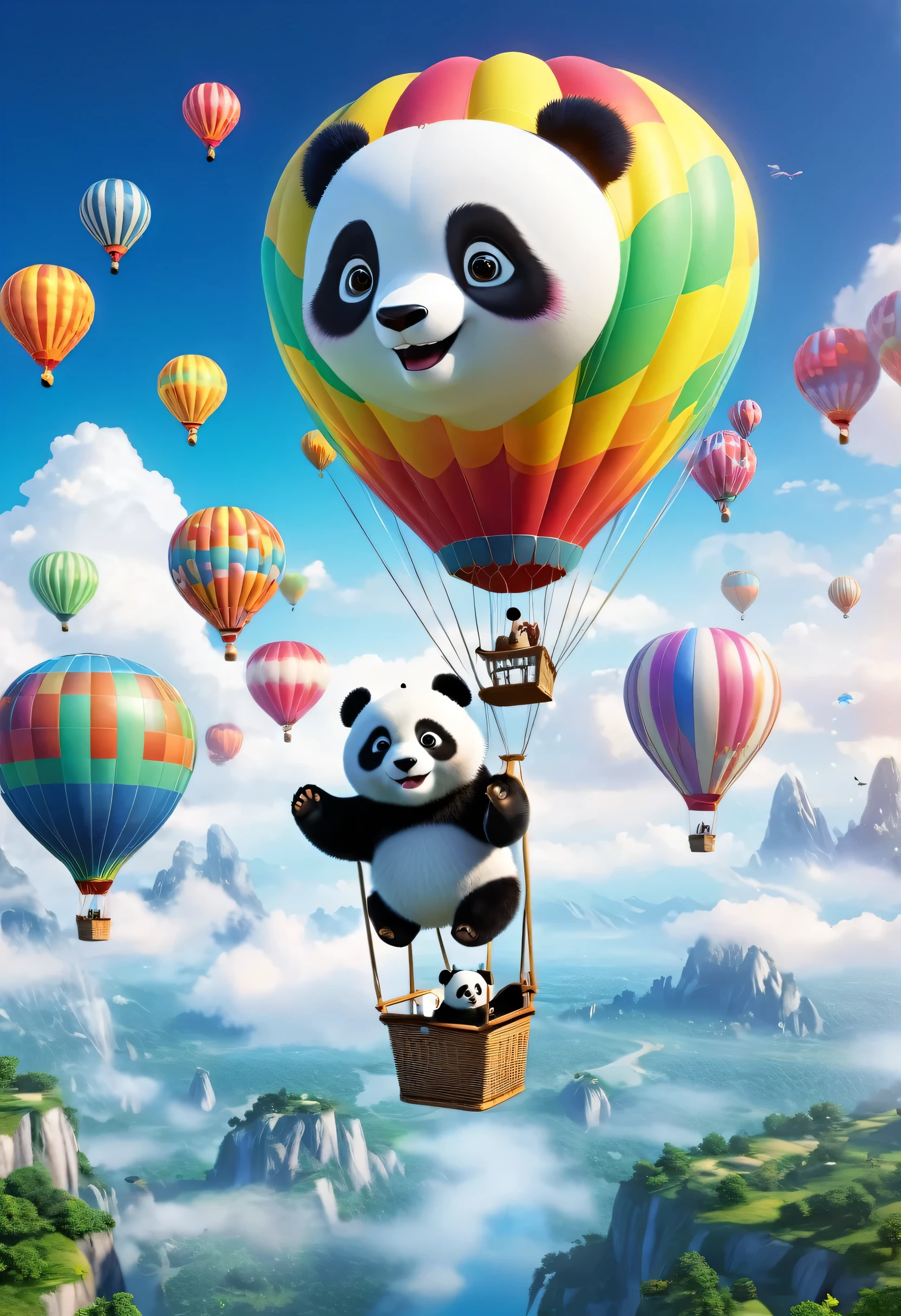 Strange hot air balloons,rich and colorful,The hot air balloon looks like a cute panda，In the Cloud,Beautiful sky,Surreal,epic dream,Fairy tale world,illustration,high quality,3D Rendering,Super detailed,Reality,Vibrant colors,stunning lighting，front