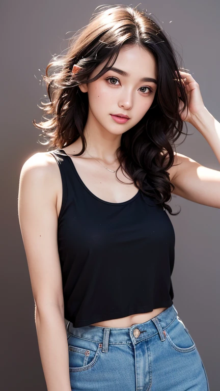 Professional photograph of a 28 years old pretty girl with grey eyes, black middle-length curly hair, slightly open mouth and pale skin with a rosy complexion. Dressed in a black long sleeve short cropped tank top. Facing slightly to the right, turning the head towards the camera ,tiffen soft contrast filter effect, Muted background.