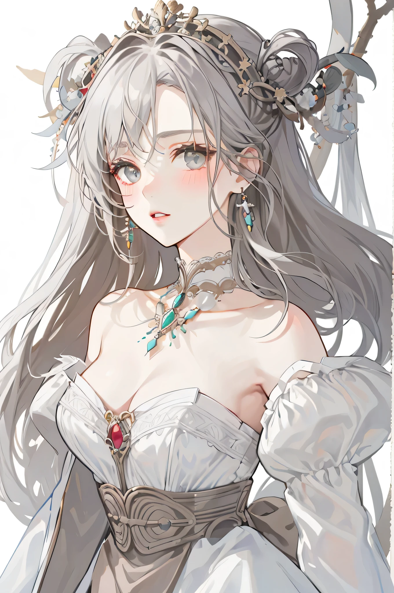 Empress, lily of the valley, ethereal forest girl, perfect anatomy, hanging jewels, pretty girl, amazing body, best proportions, european victorian red style dress, greek style, ancient goddess, (((((((white background))))))), ((((closeup face)))), looking at viewer, grey eyes, white long hair, blush